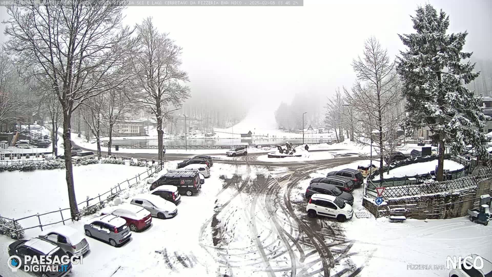 A snow-covered parking lot and roadway with several cars are situated near a lake and wooded area under a snowy, foggy sky.