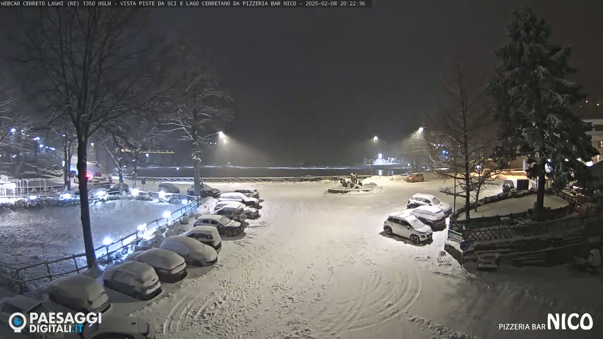 A snow-covered parking lot at night, illuminated by streetlights, with cars parked under a layer of snow.