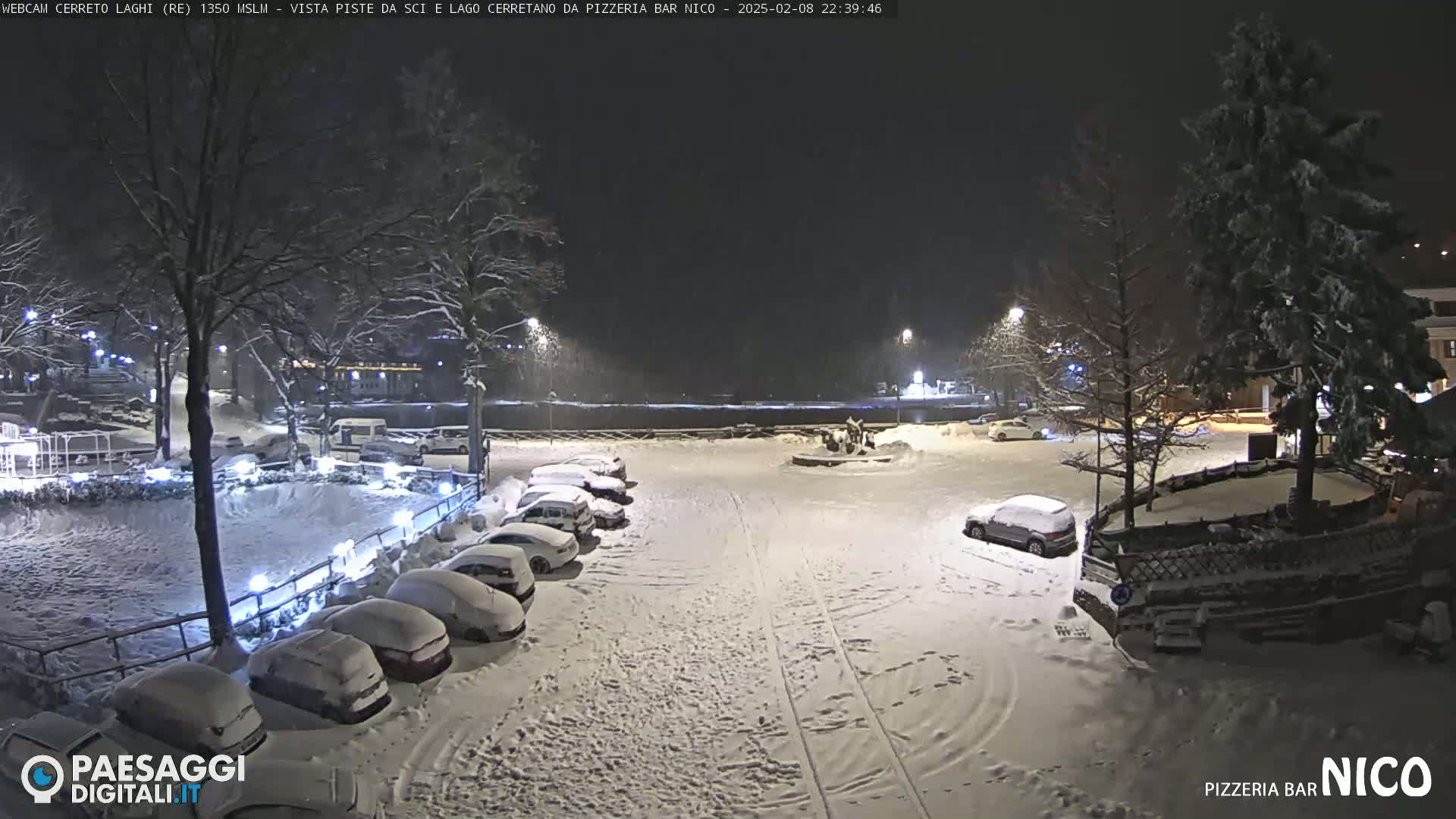 A snow-covered parking lot at night, with cars covered in snow and illuminated by streetlights.