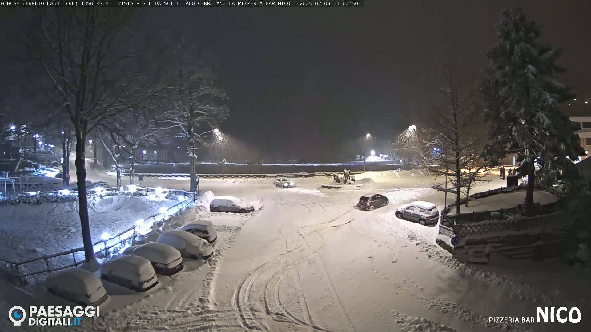 A snow-covered parking lot and surrounding area at night, illuminated by streetlights, with several cars parked in the snow during a snowfall.