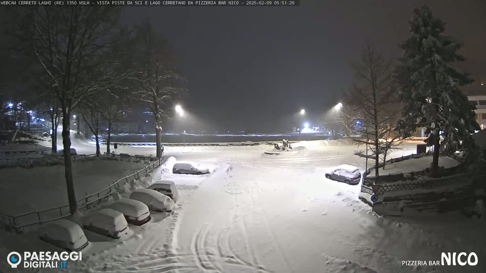 A snow-covered parking lot at night, illuminated by streetlights, with several cars parked and snow-covered trees in the background.