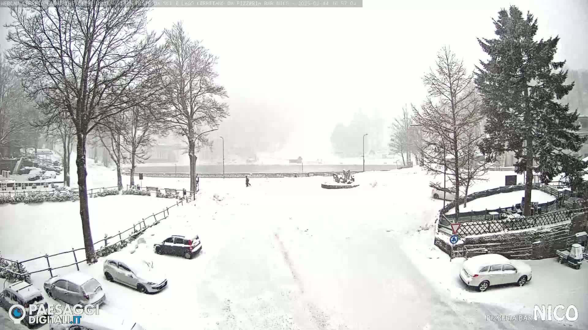 A snow-covered town square with cars parked along the edges, surrounded by bare trees in a heavy snowfall.