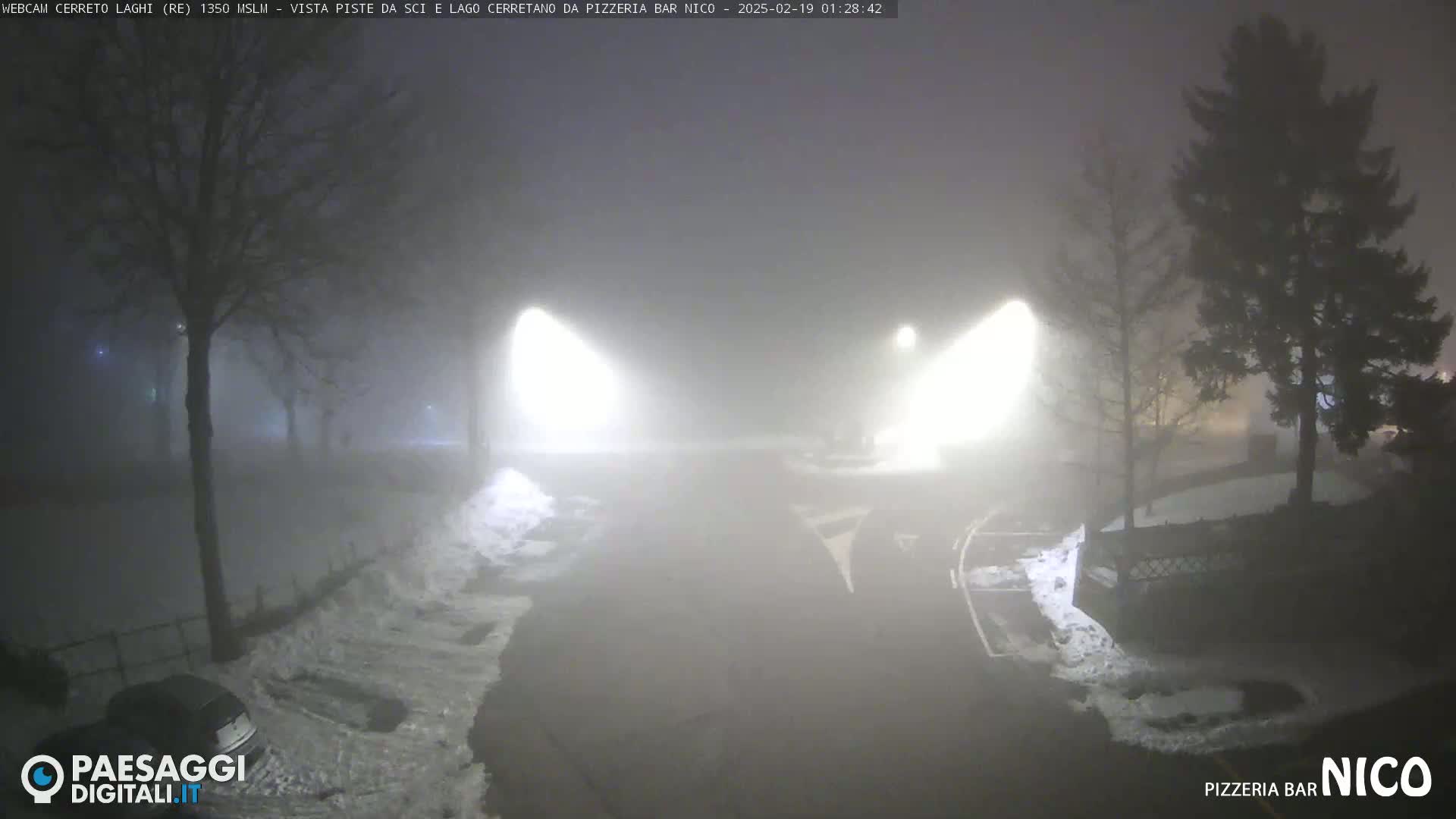 A foggy, snowy nighttime scene shows a roadway illuminated by bright lights, with several trees and a parked car visible in the distance.
