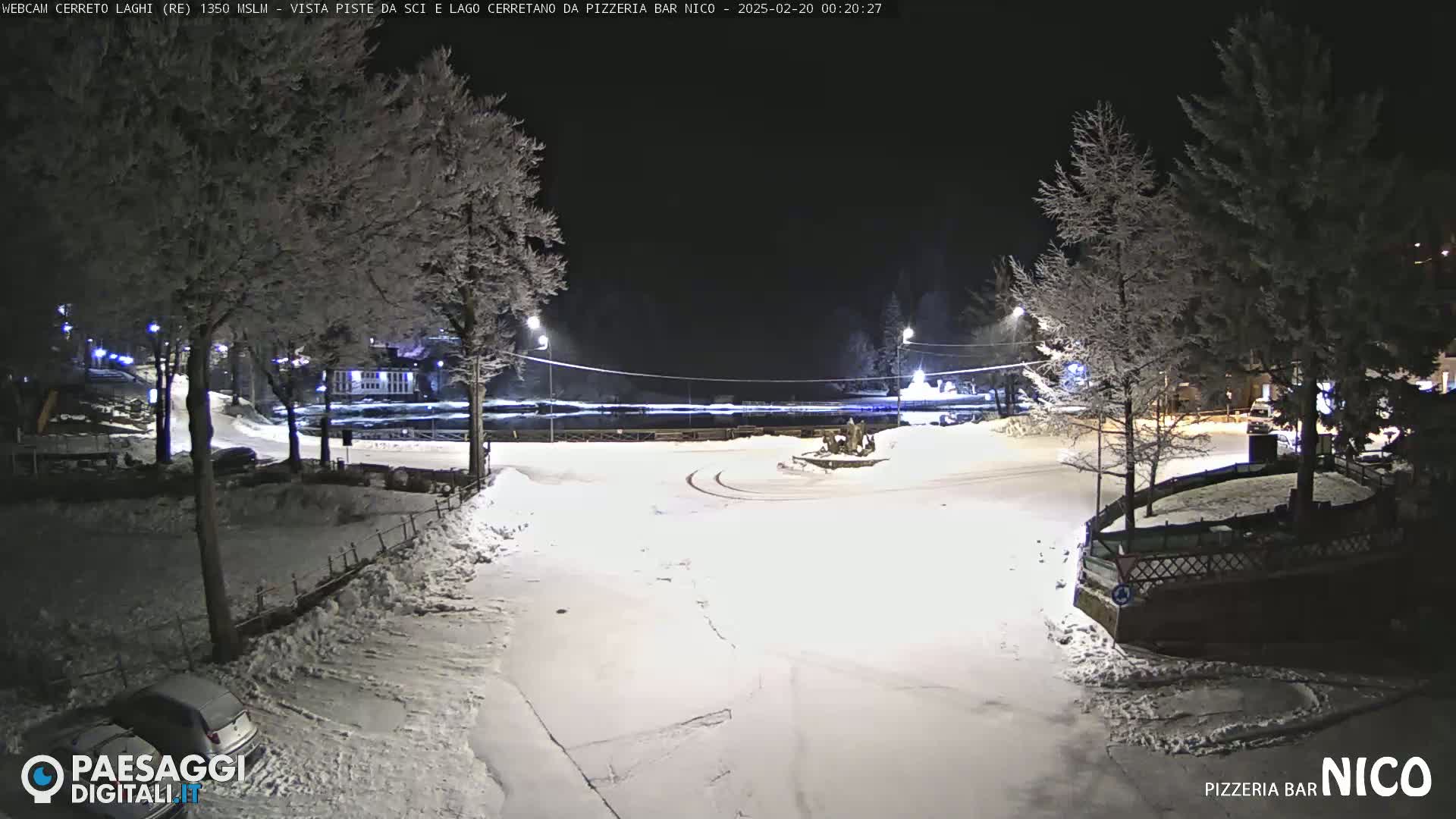 A snow-covered plaza at night, illuminated by streetlights, with frost-covered trees and a body of water in the background.