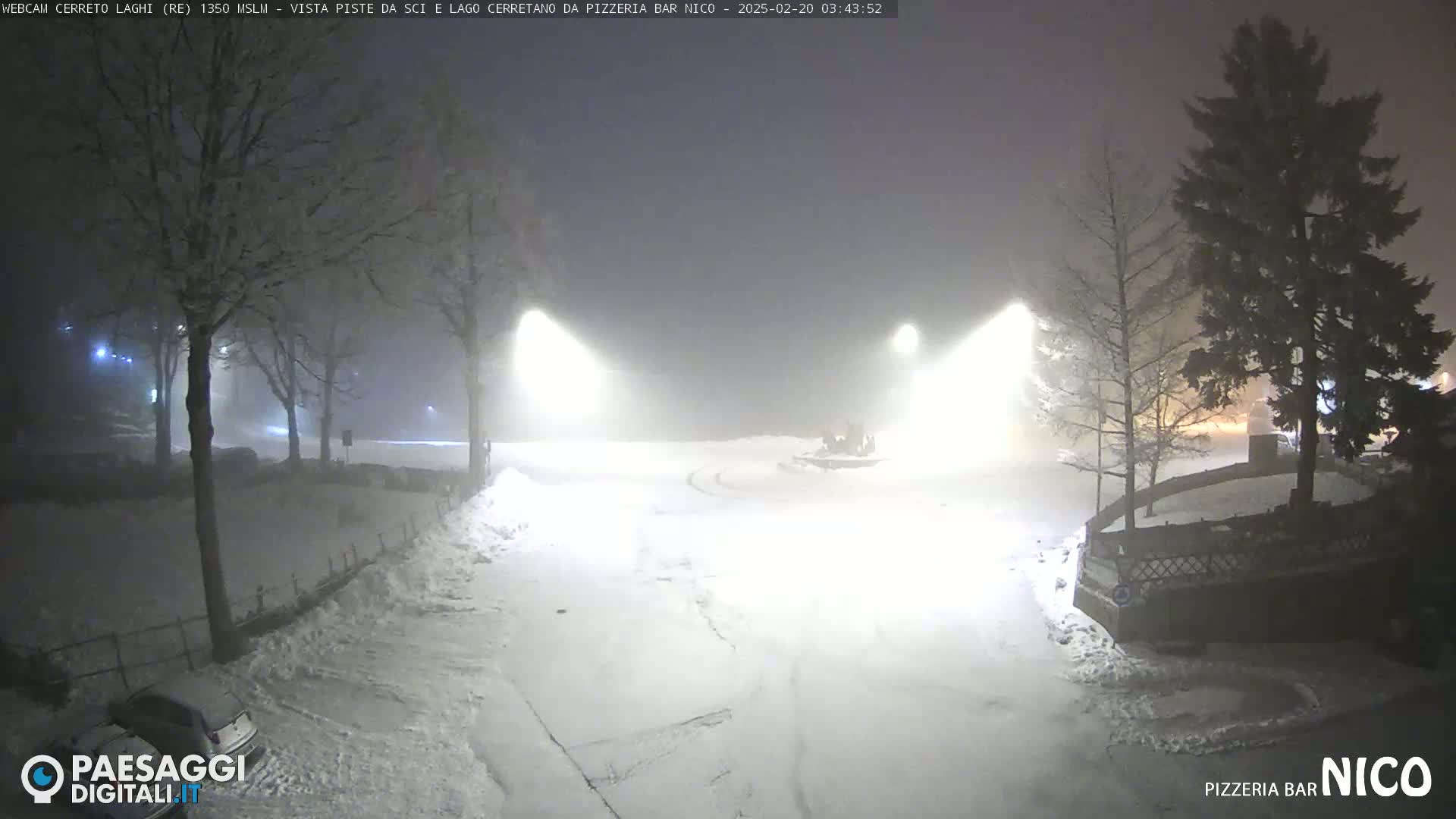 A snow-covered, fog-filled scene at night, illuminated by streetlights, shows a mostly empty paved area with some trees and a vehicle in the distance.