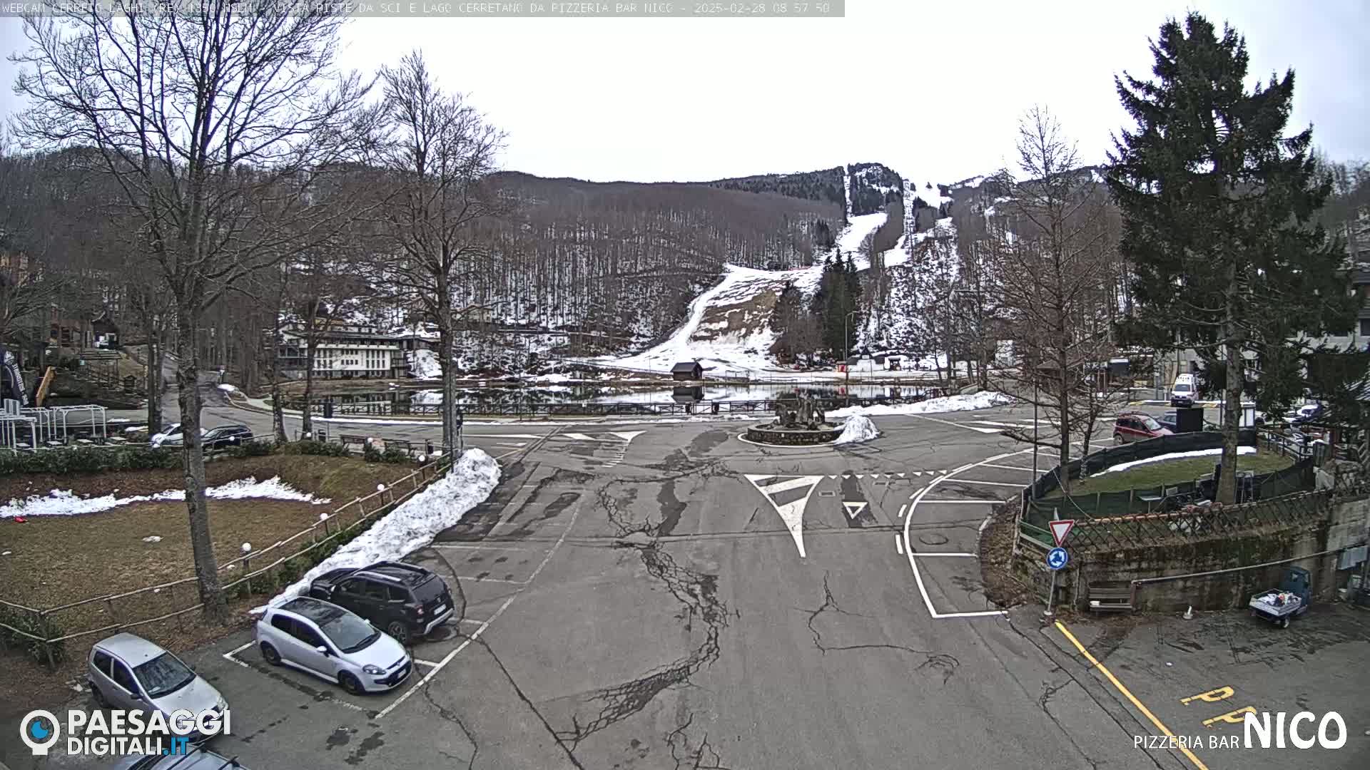 A mostly empty parking lot with several cars, surrounded by snow-covered ground and trees, overlooks a snow-covered ski slope and a small pond under an overcast sky.