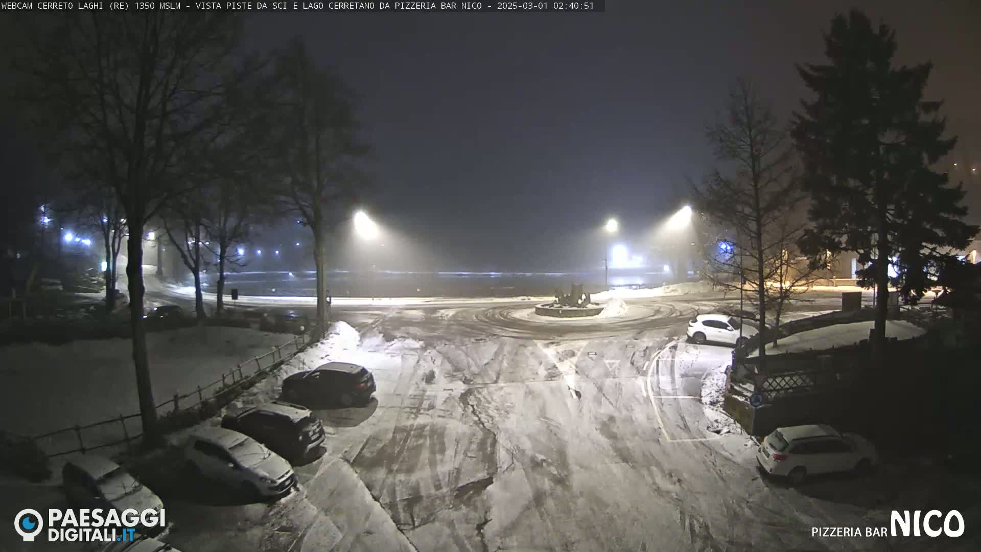 A snow-covered parking lot and roundabout are illuminated at night by streetlights, with several cars parked and a hazy atmosphere.