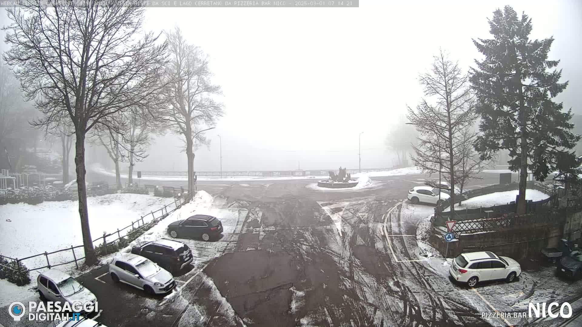 A snow-covered parking lot with several cars is visible under a foggy sky.
