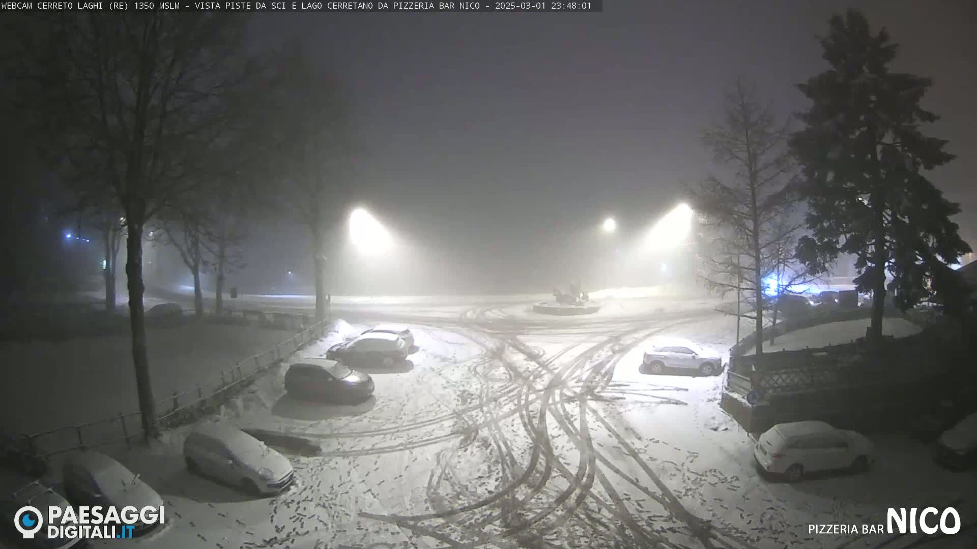 A snow-covered parking lot at night, dimly lit by streetlights in foggy conditions, with several cars parked and tire tracks visible in the snow.