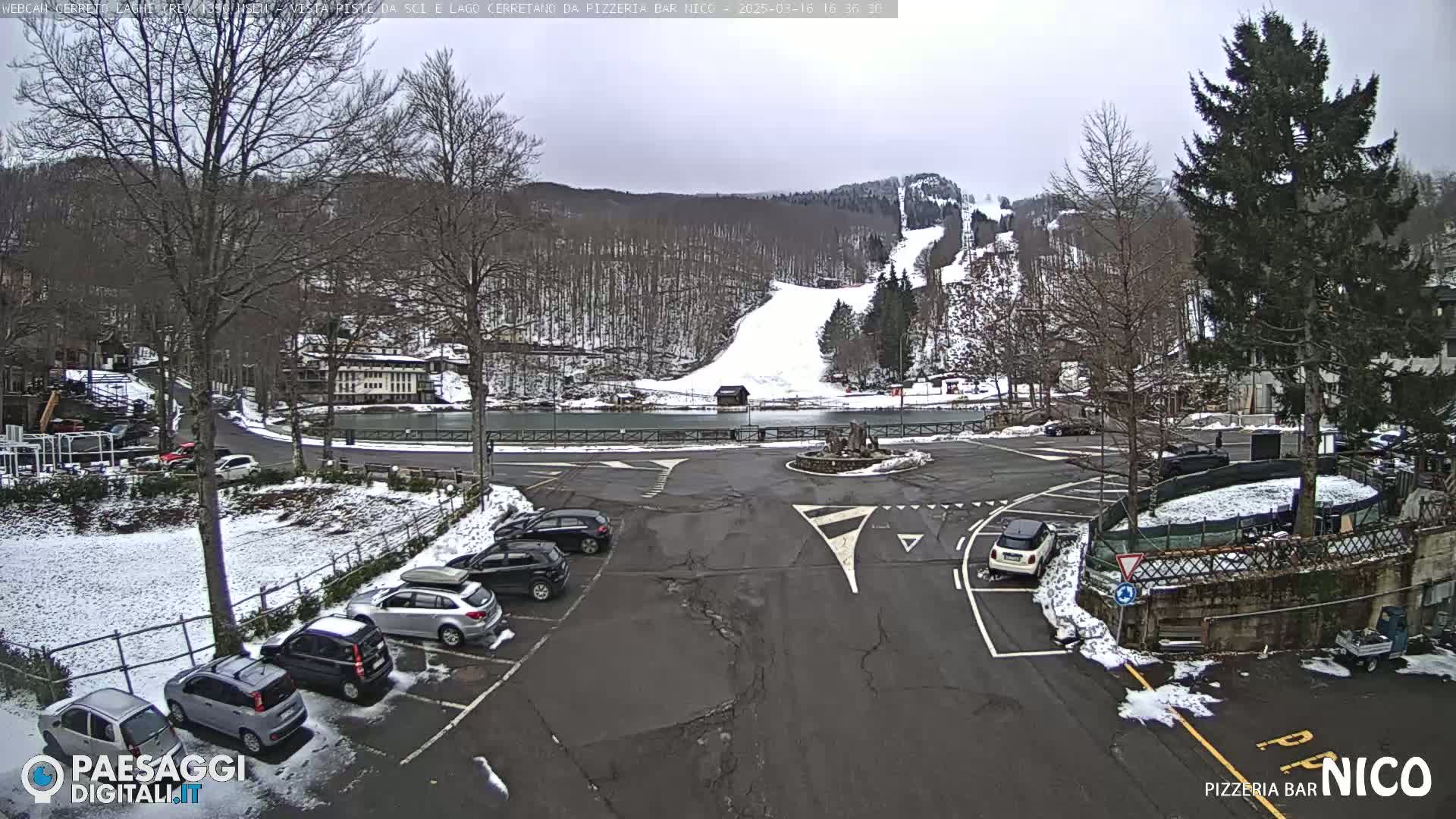 A snow-covered parking lot with several cars and a view of a snow-covered ski slope and trees under an overcast sky.