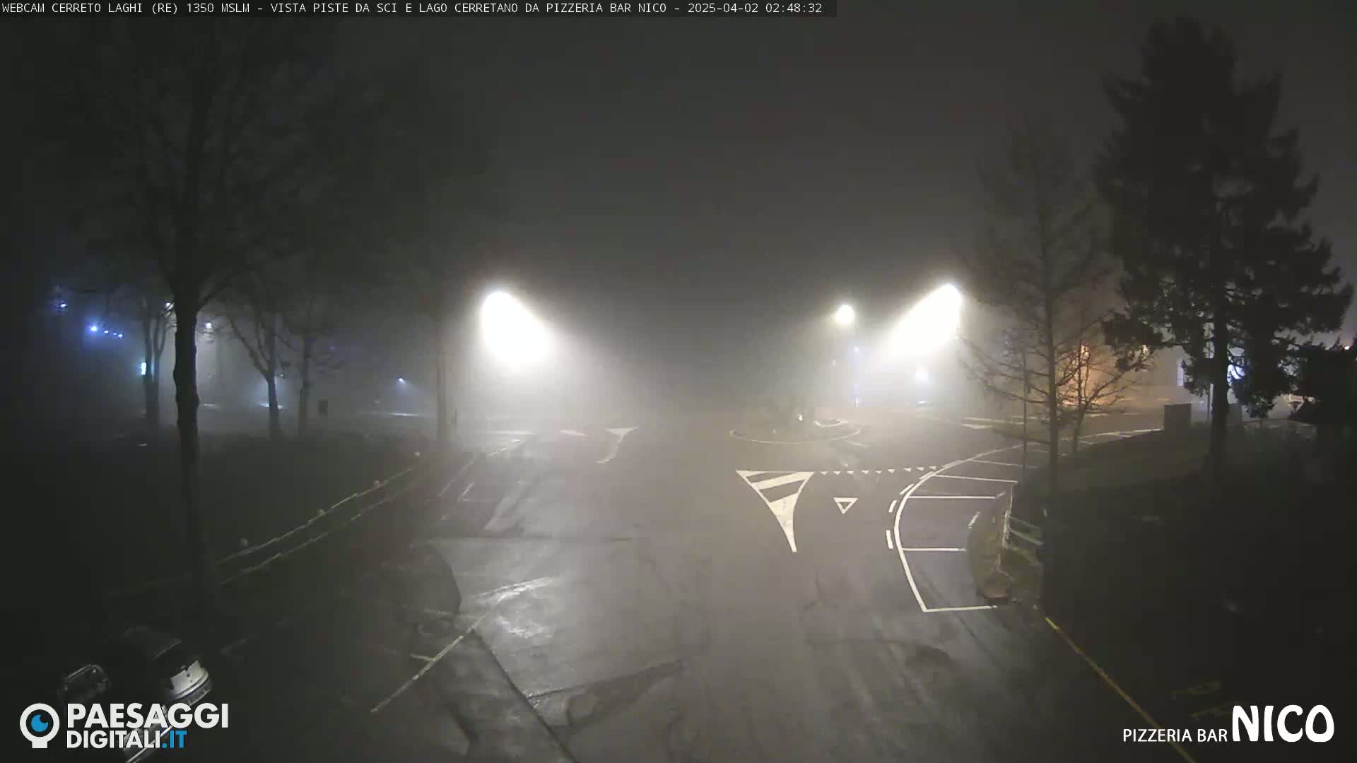 A foggy night scene shows a dark roadway with streetlights and trees, dimly lit parking spaces, and faint outlines of buildings in the distance.