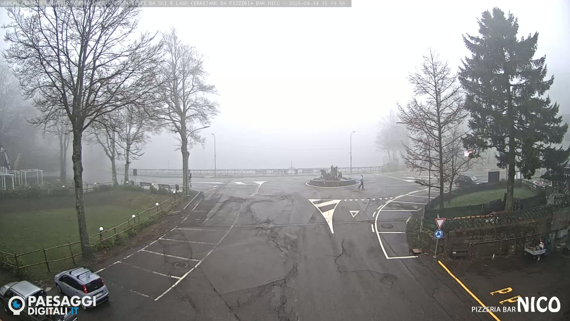 A foggy parking lot and roadway intersect near a small fountain, with bare trees and evergreens surrounding the area.