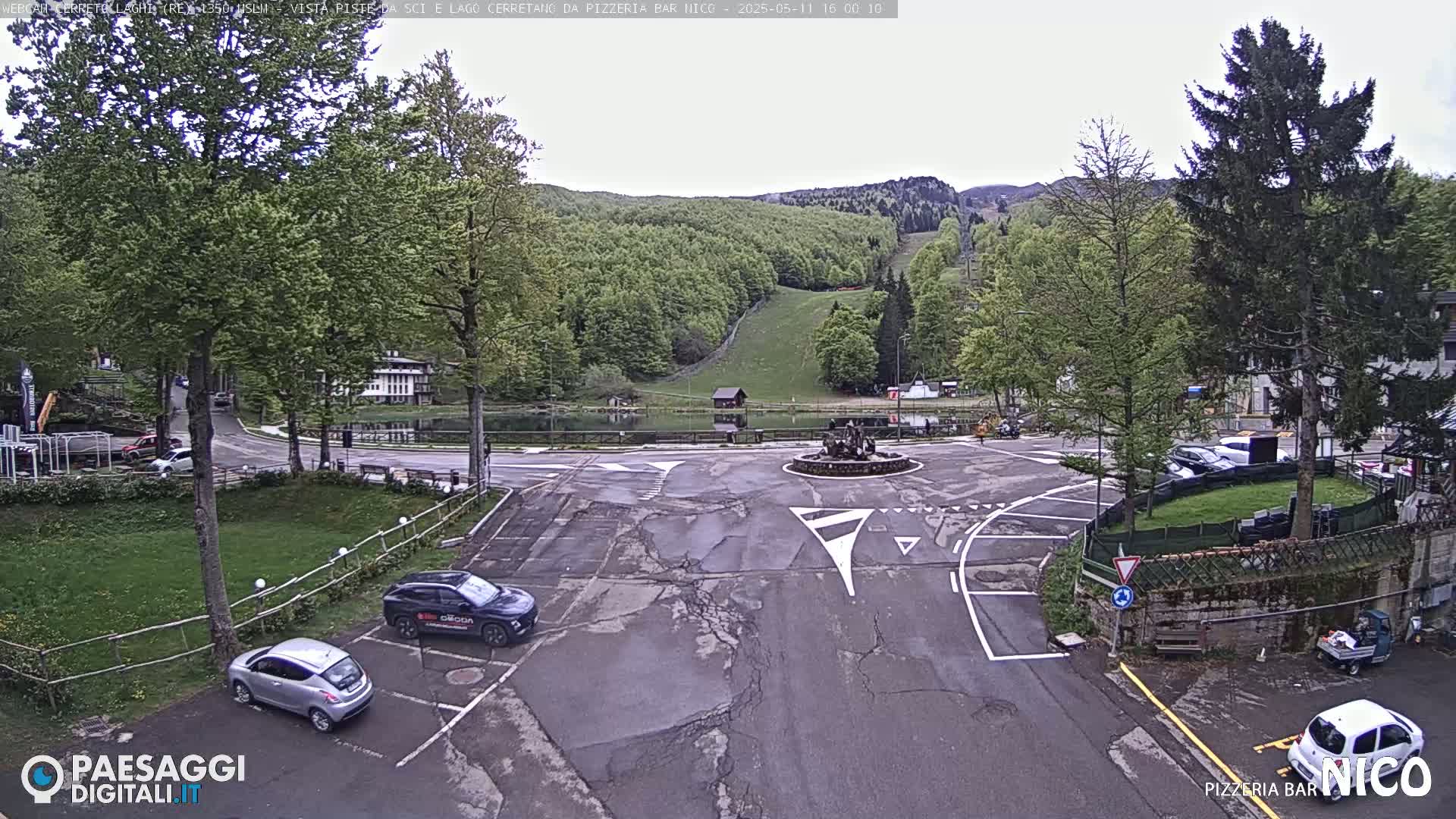 A parking lot and roundabout overlook a small pond and a hillside covered in lush green trees under an overcast sky.