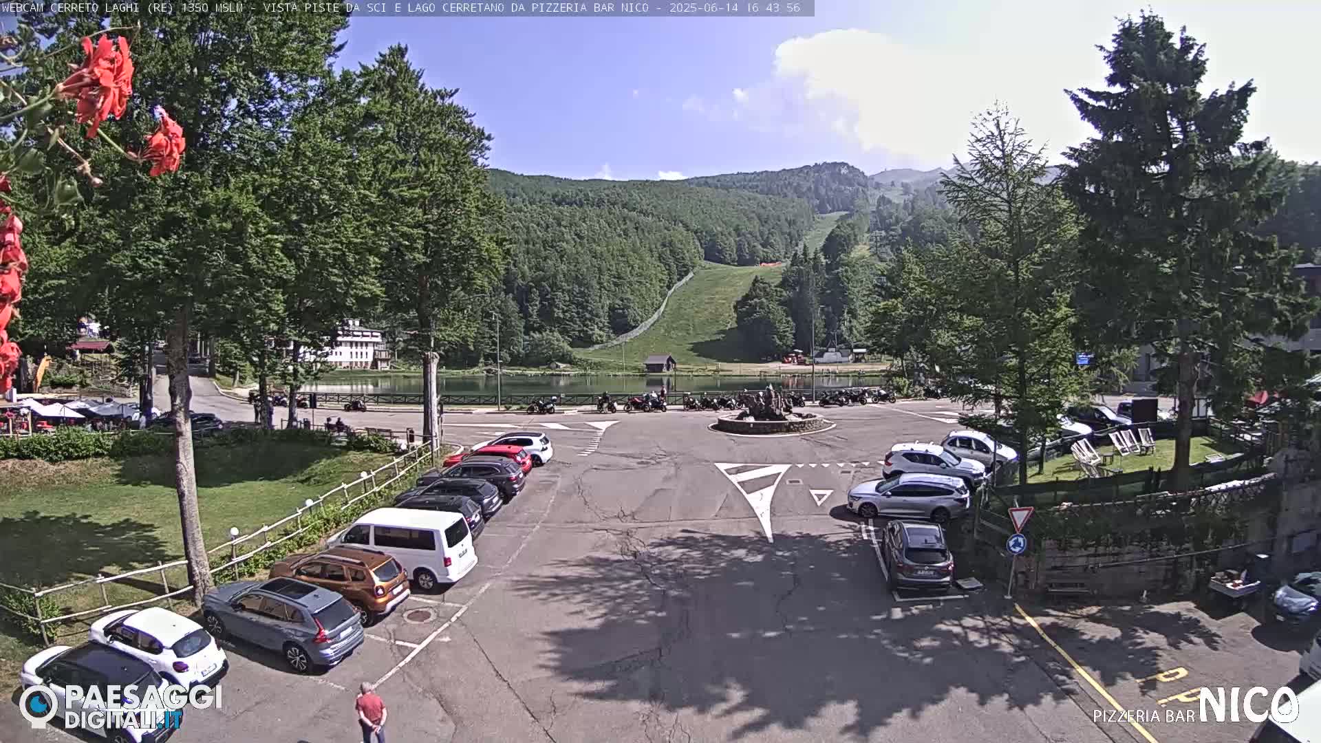 A sunny day in a mountain town shows a parking lot filled with cars near a lake and ski slope, with a few people visible.