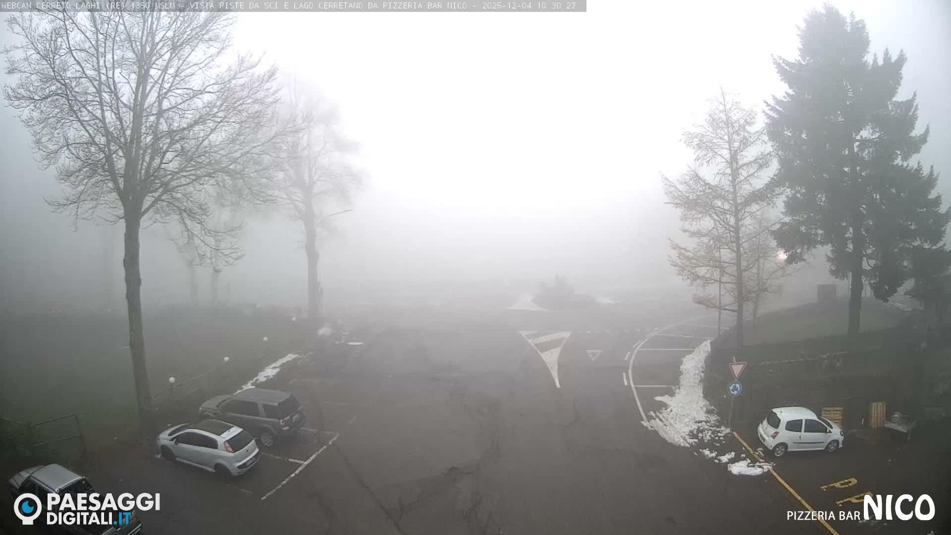 A foggy day obscures a mountain road and surrounding trees, with several cars parked on the dark asphalt, which has patches of old snow near the roadside.