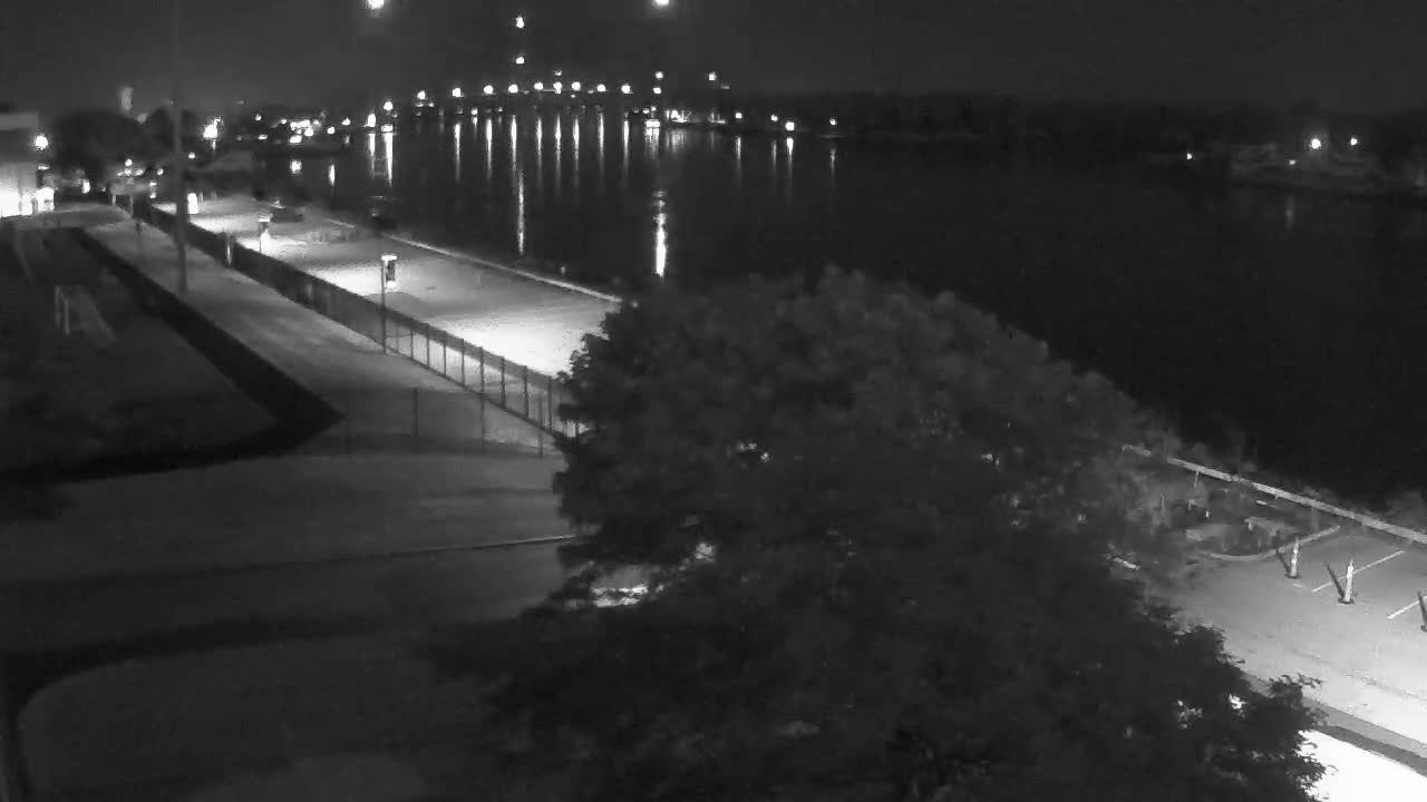 A nighttime, low-angle view shows a paved waterfront area with a fence, trees, and a calm body of water reflecting lights from the opposite shore.