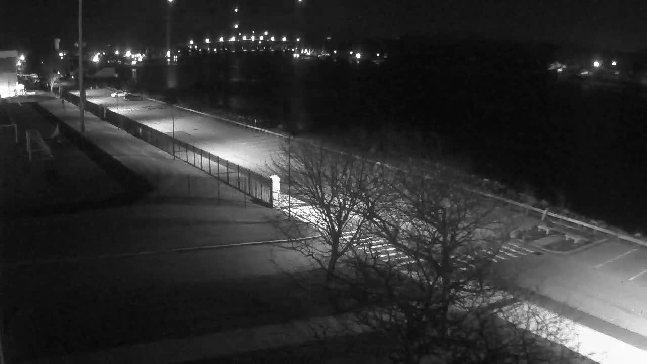 A monochrome, elevated view captures a clear night scene featuring bare trees, illuminated roadways, a fenced path, a parked vehicle, and numerous distant lights against a dark horizon.