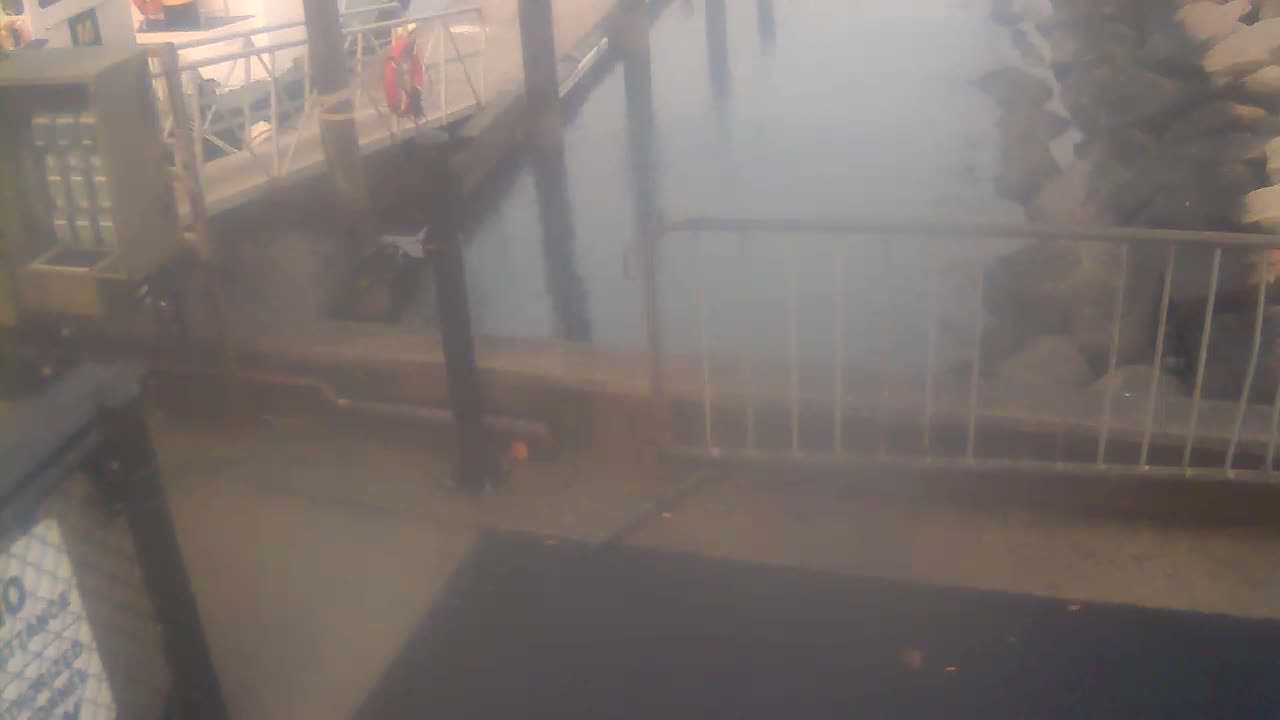 A dark, blurry outdoor night scene shows a light-colored metal barrier on the right, subtle vertical lights on the left, and a reflective ground suggesting damp conditions.