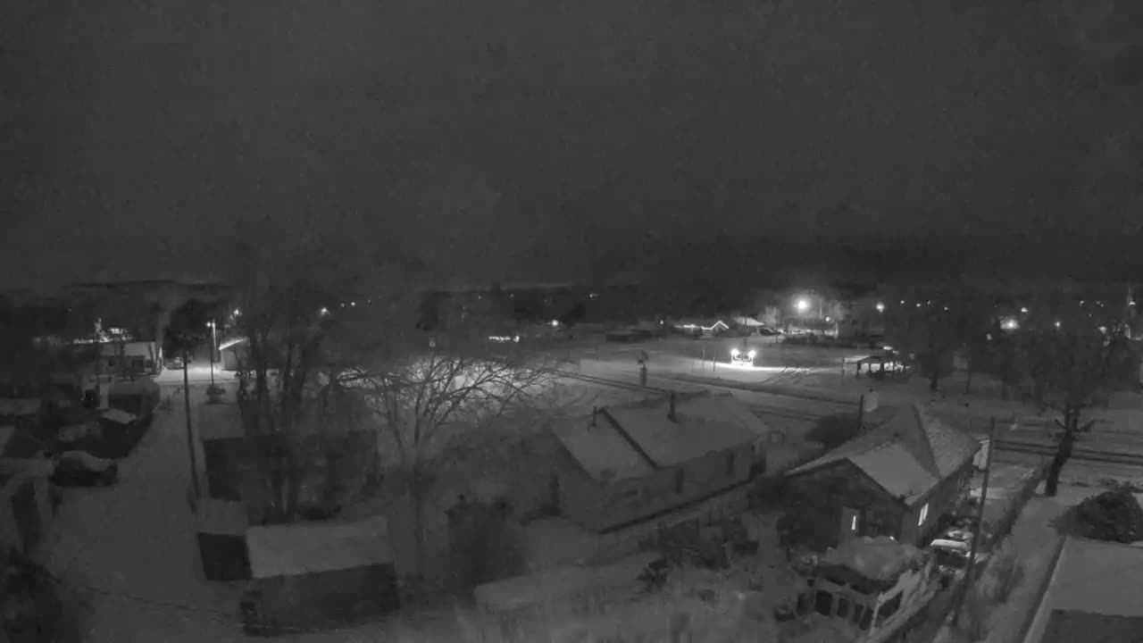A snow-covered residential area is seen from an elevated perspective at night under a cloudy sky, with streetlights casting light on the houses and bare trees.