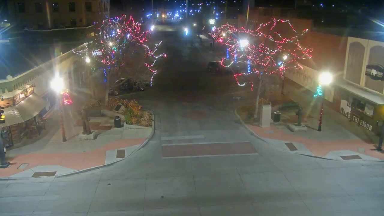 A clear night illuminates an outdoor street or plaza adorned with trees wrapped in colorful string lights, bordered by buildings with glowing windows and prominent street lamps.