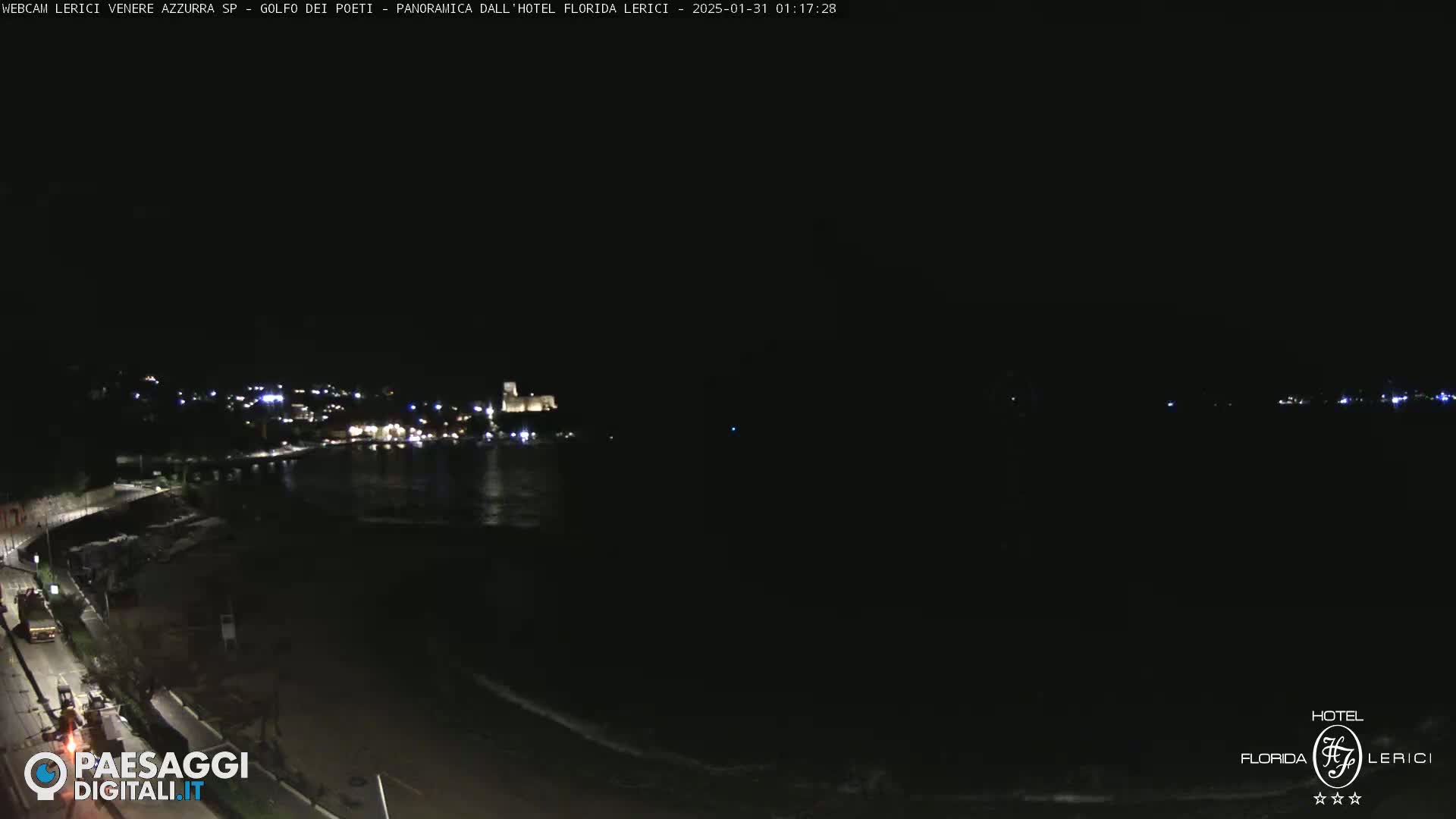 A nighttime coastal scene shows a dark beach, calm water, and a dimly lit town across the bay under a clear, dark sky.