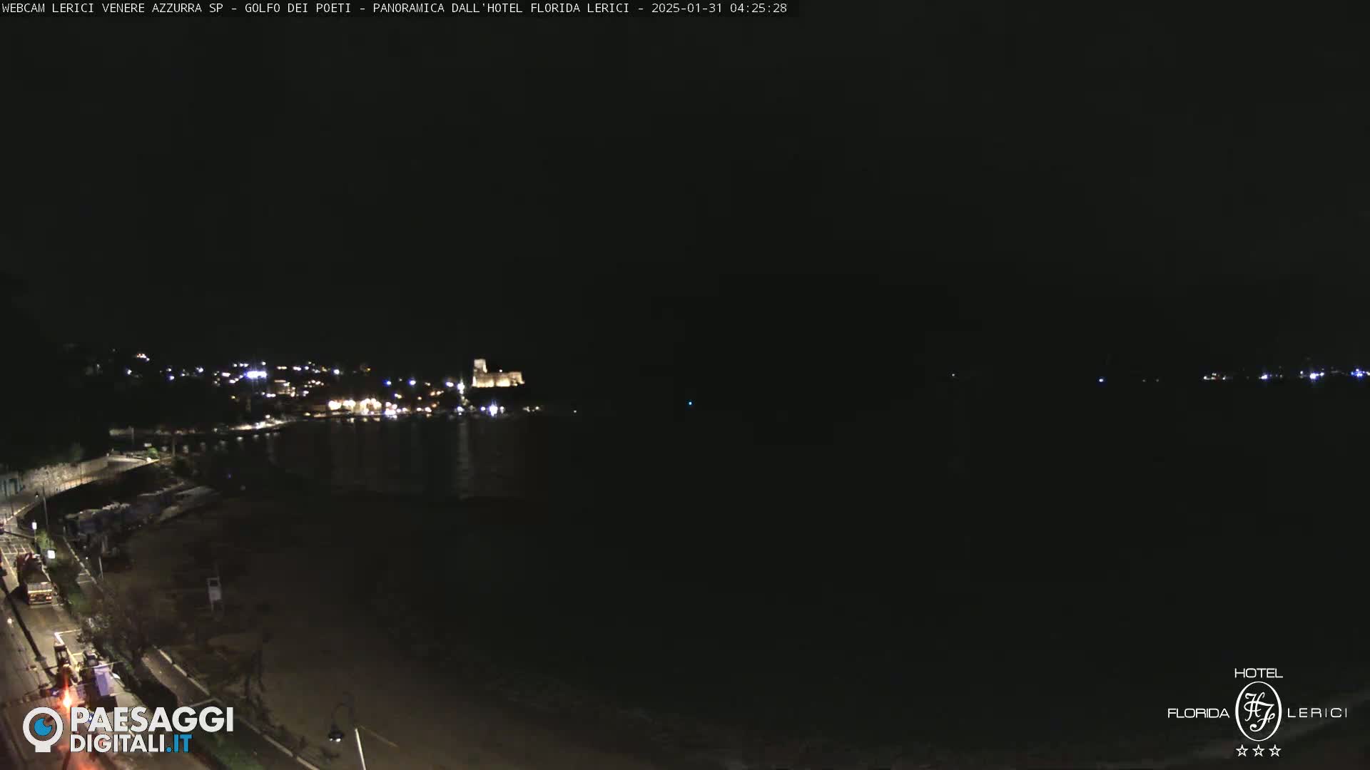 A nighttime view of a dark coastline with a town's lights visible across the water.