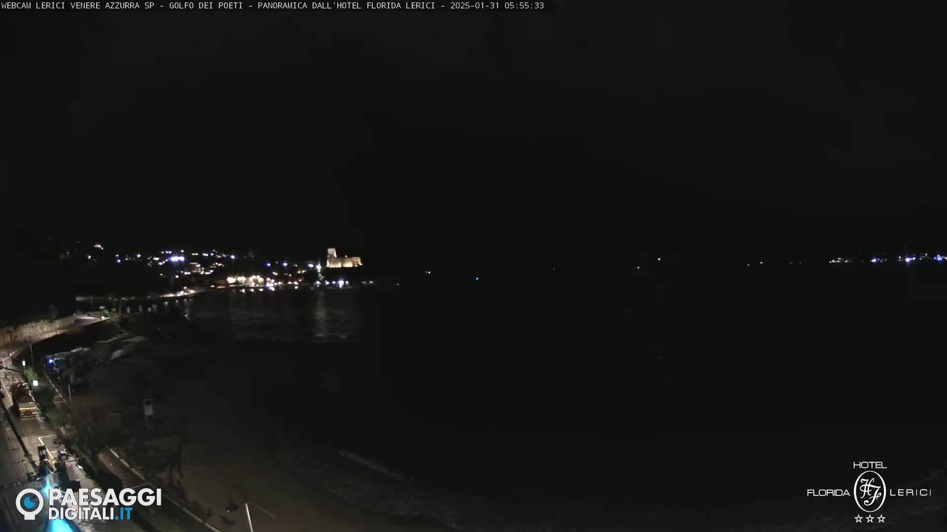 A nighttime coastal scene shows a dark body of water with a faintly lit town across it, under a clear, dark sky.