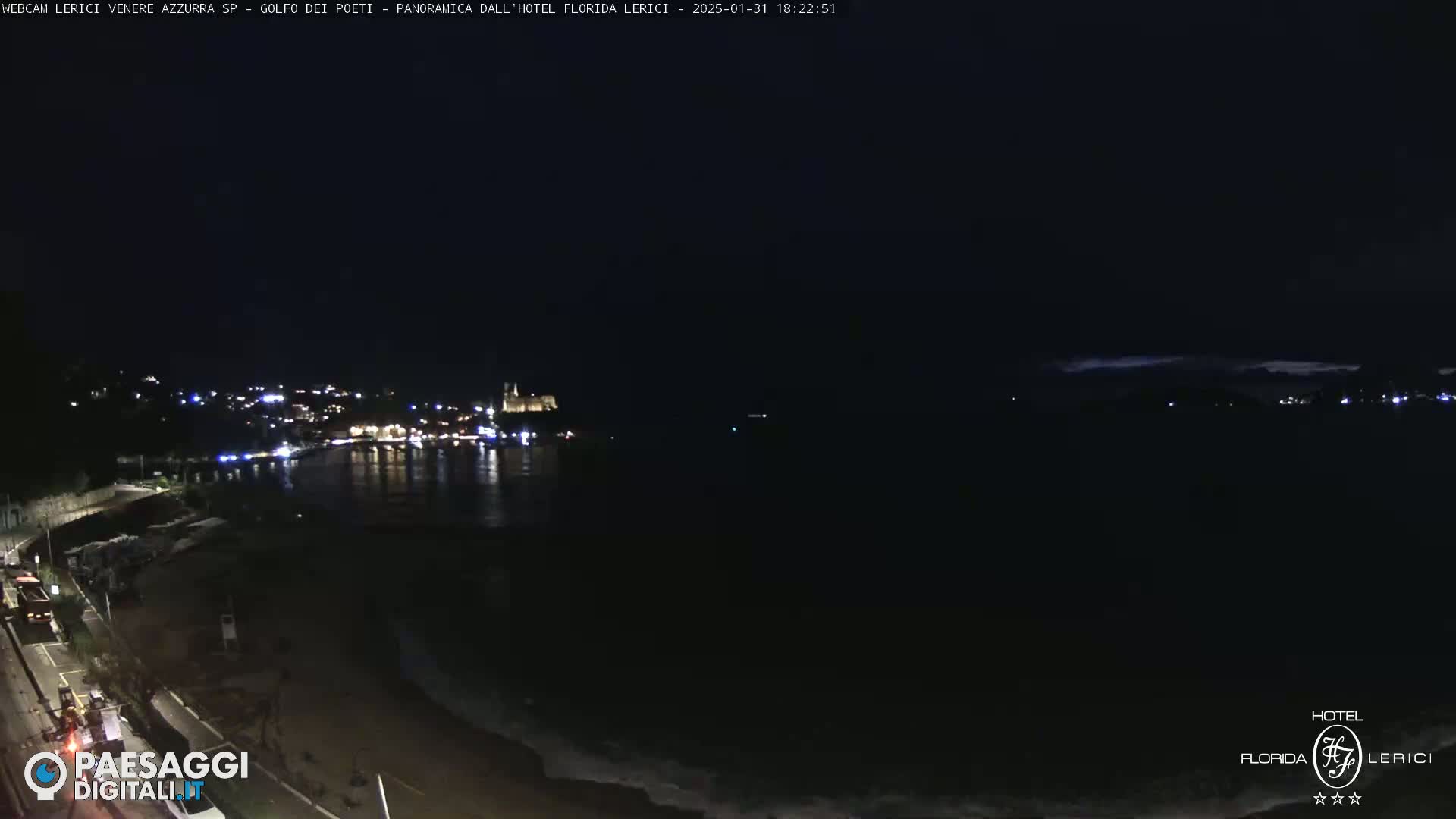 A nighttime view of a dark, calm body of water with a dimly lit town across the bay under a mostly clear sky.