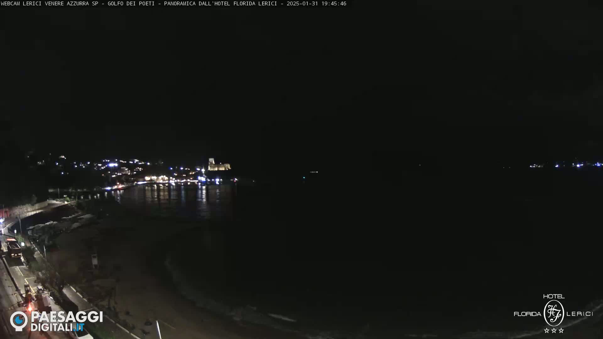 A nighttime view of a dark, calm body of water with a dimly lit town visible across the water and a dark beach in the foreground.