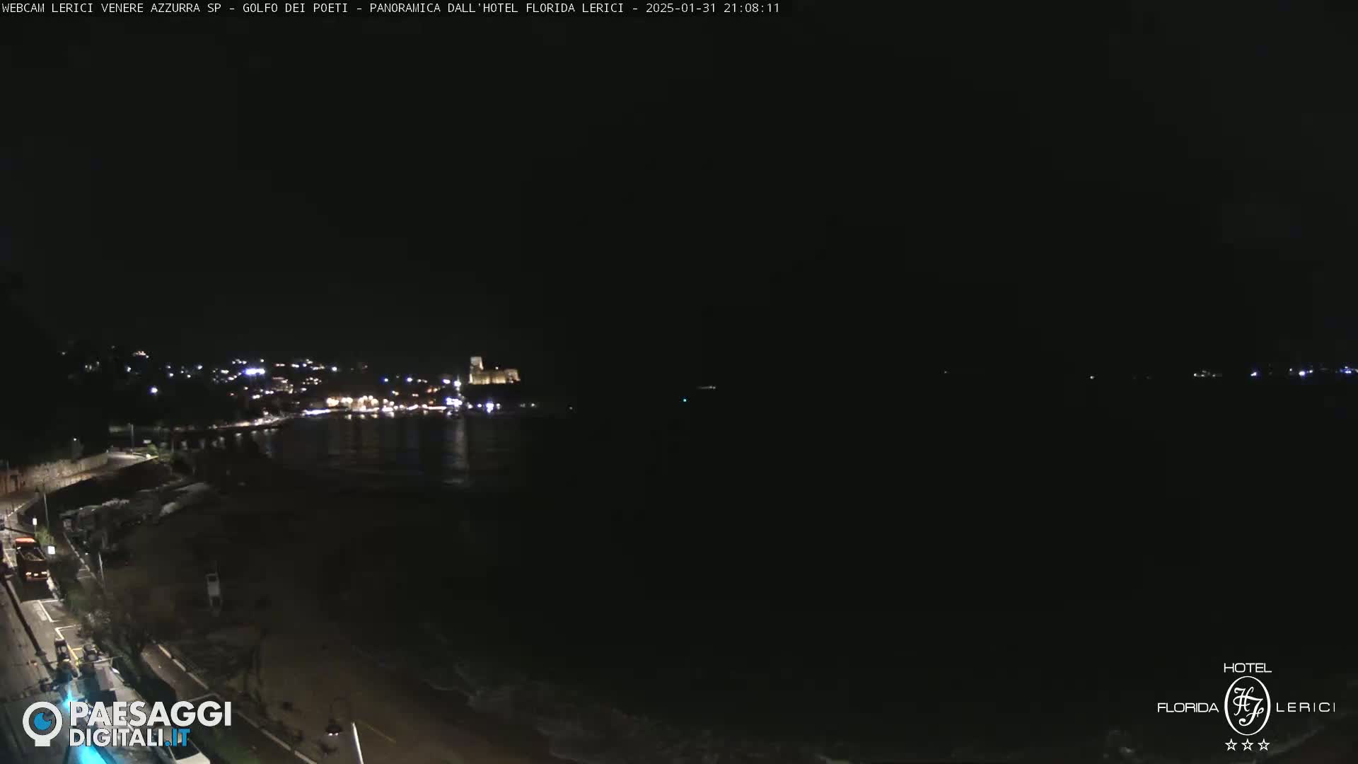 A nighttime coastal scene shows a dark beach with a calm sea and a dimly lit town in the distance.