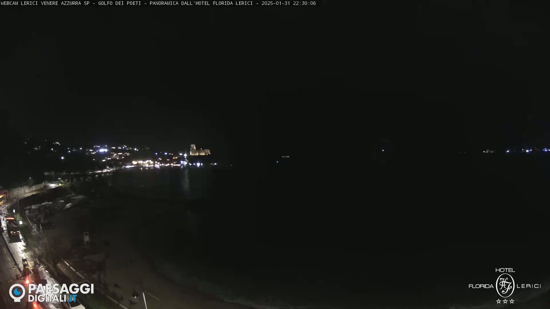 A dark nighttime coastal scene shows a dimly lit town across a body of water.