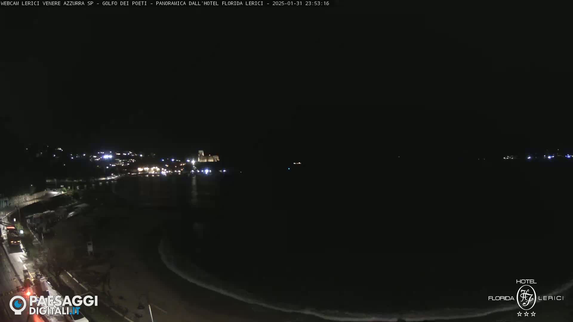 A nighttime, coastal view shows a dark ocean with small waves lapping a shore, and a dimly lit town in the distance.