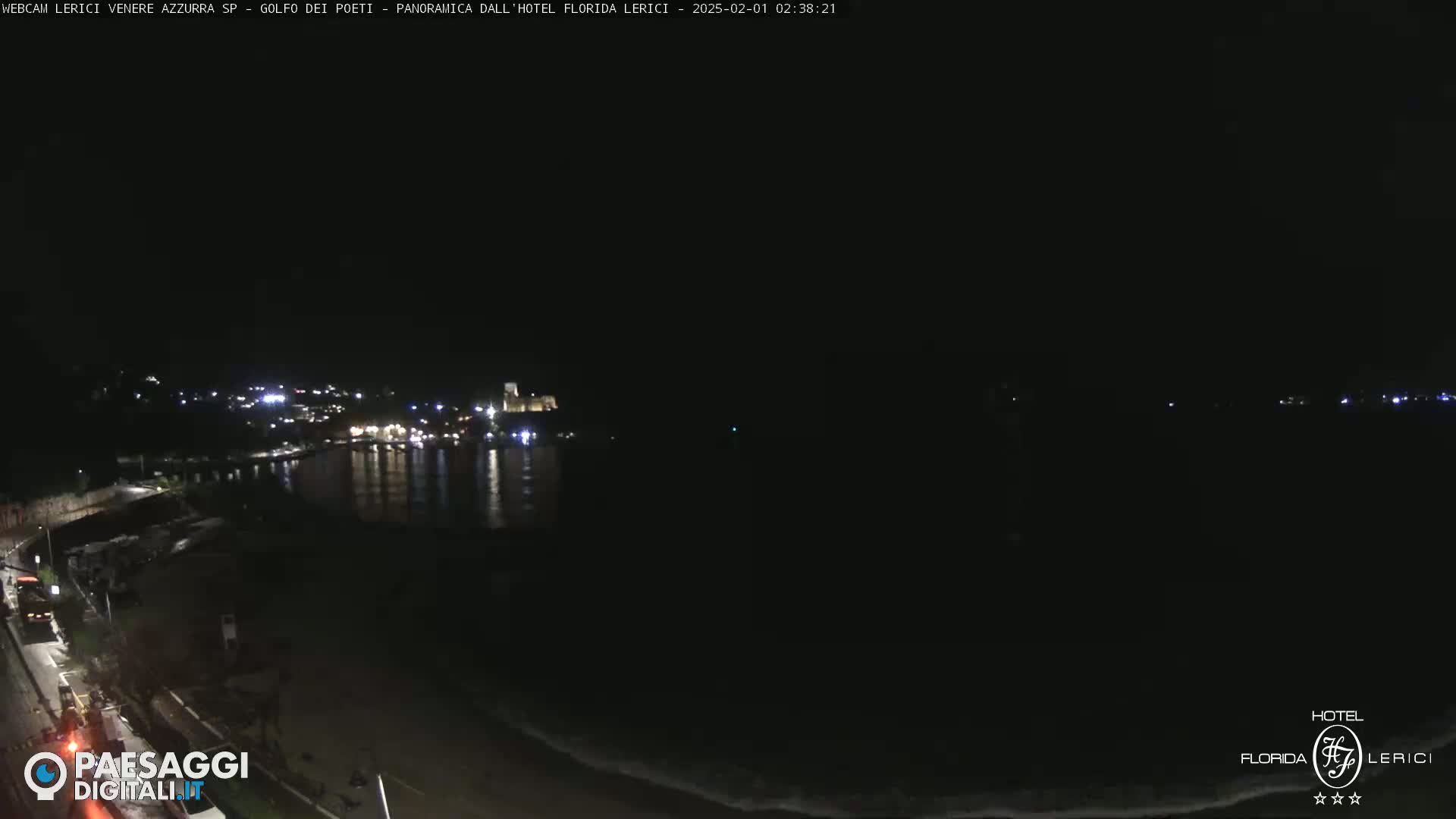 A nighttime view of a dark coastline with a town showing faint lights in the distance, and calm, dark water lapping at the shore.
