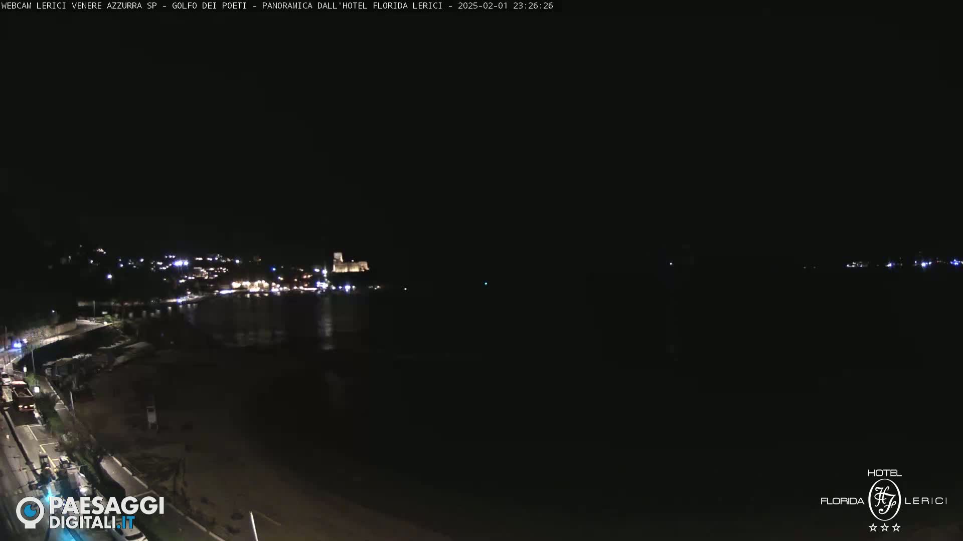 A nighttime coastal scene shows a dark beach and a dimly lit town across a body of water under a clear, dark sky.