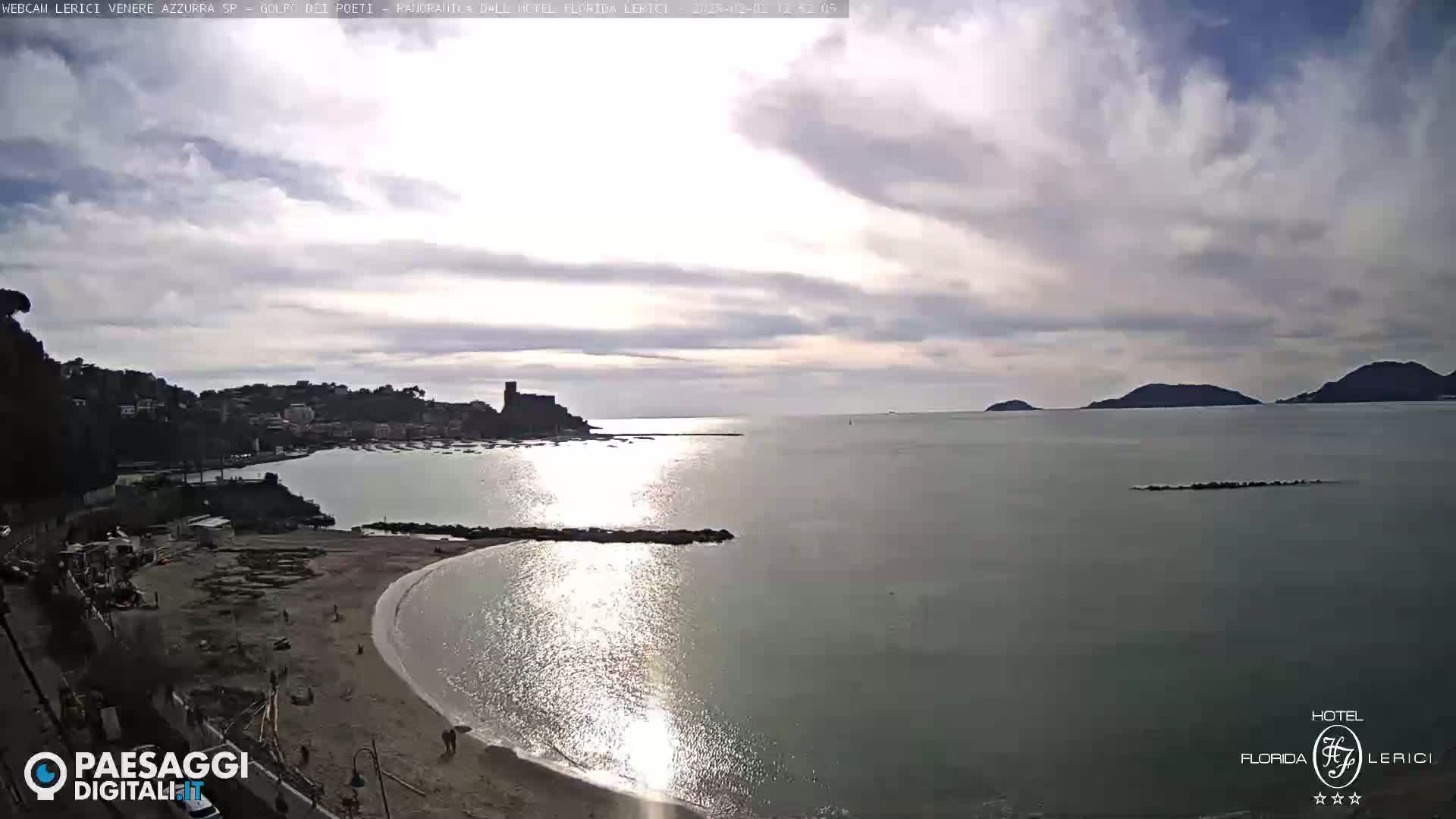 A partly cloudy day reveals a tranquil bay with a sandy beach, a town nestled against hills, and distant islands under a mostly cloudy sky.
