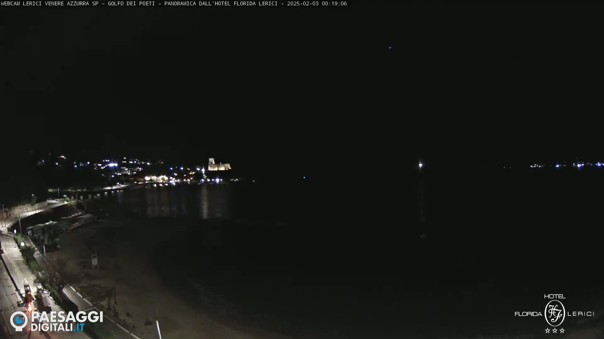 A nighttime coastal scene shows a dark beach, a calm body of water, and a village with lights in the distance under a clear, dark sky.
