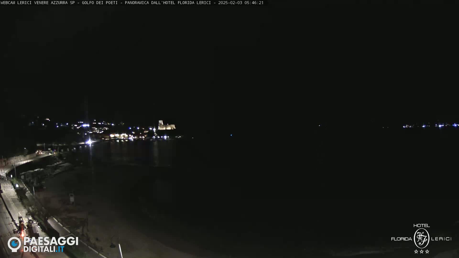 A nighttime coastal scene shows a dark body of water reflecting the faint lights of a distant town under a clear, dark sky.