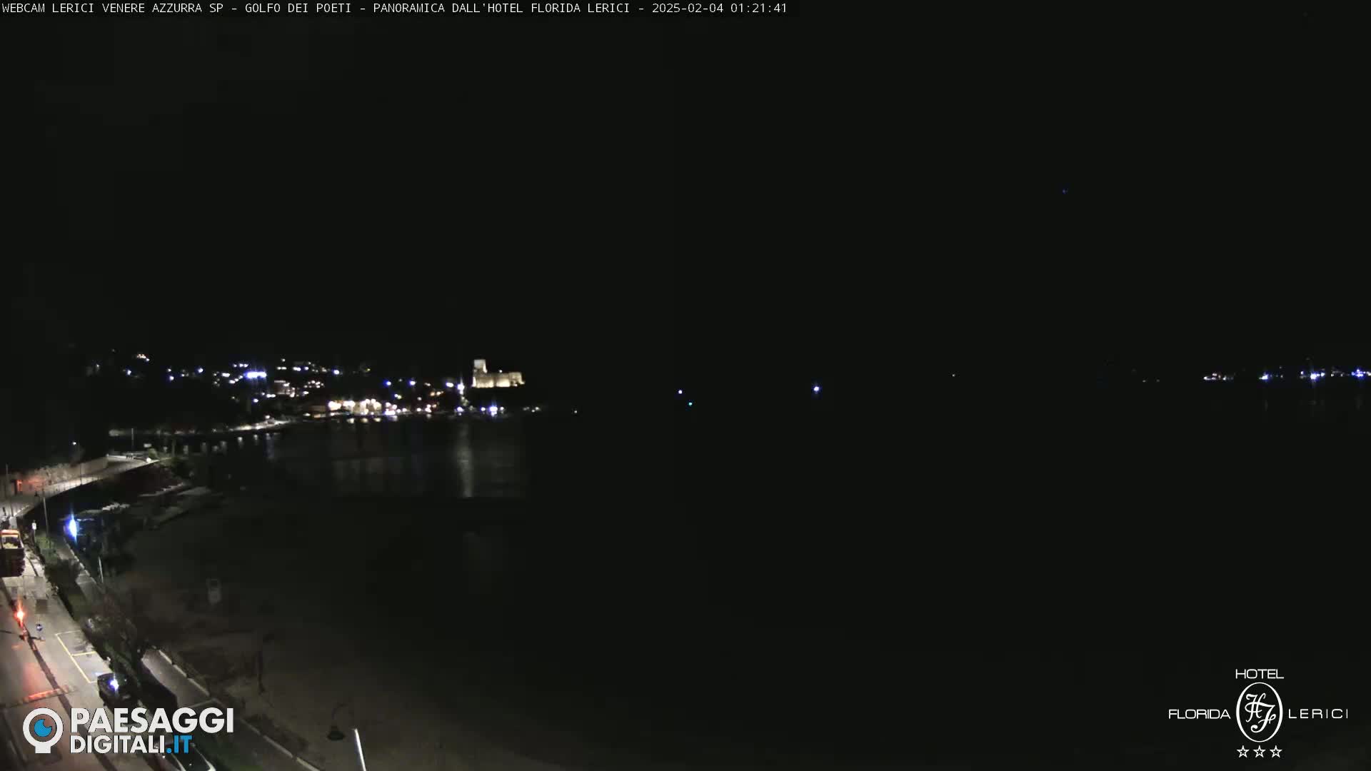 A nighttime view of a dark coastline with a few lights visible across the water, under a clear, dark sky.