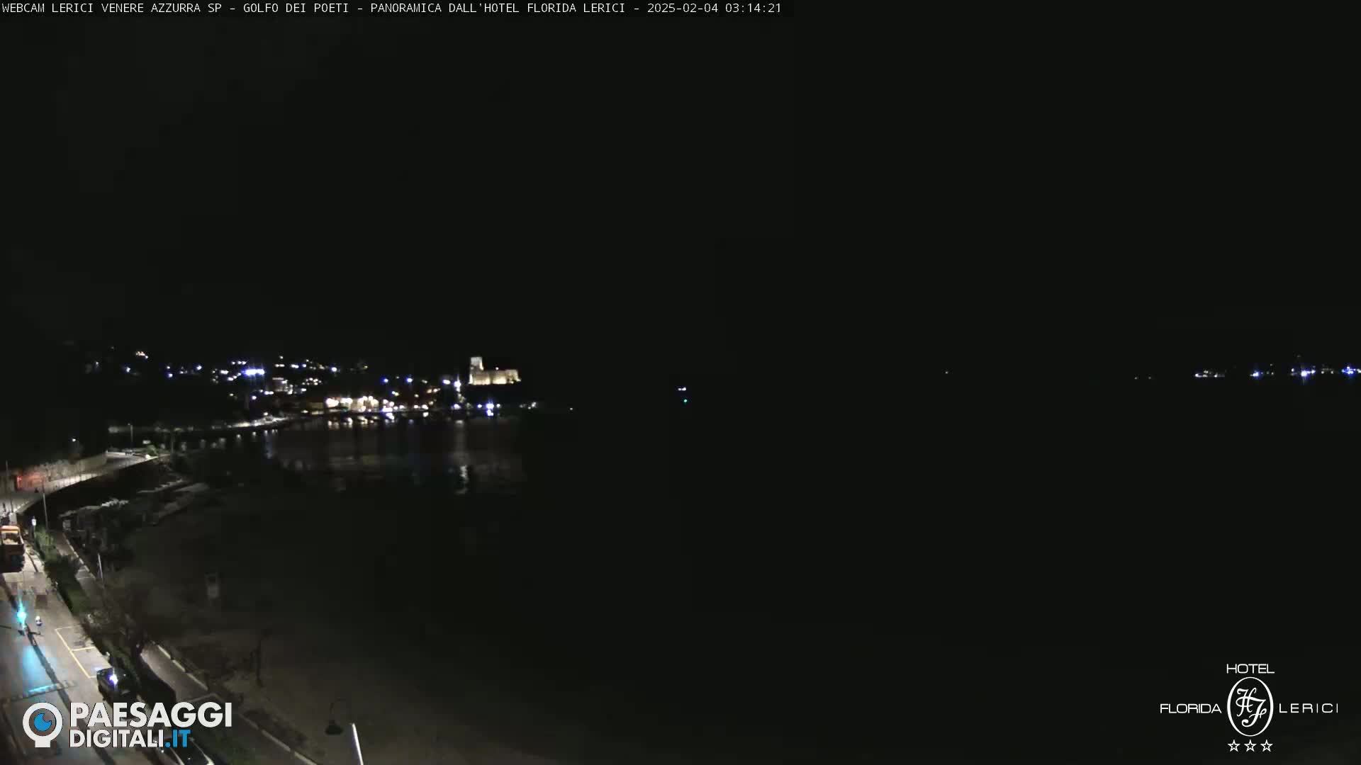 A nighttime, long shot of a dark body of water next to a dimly lit town.
