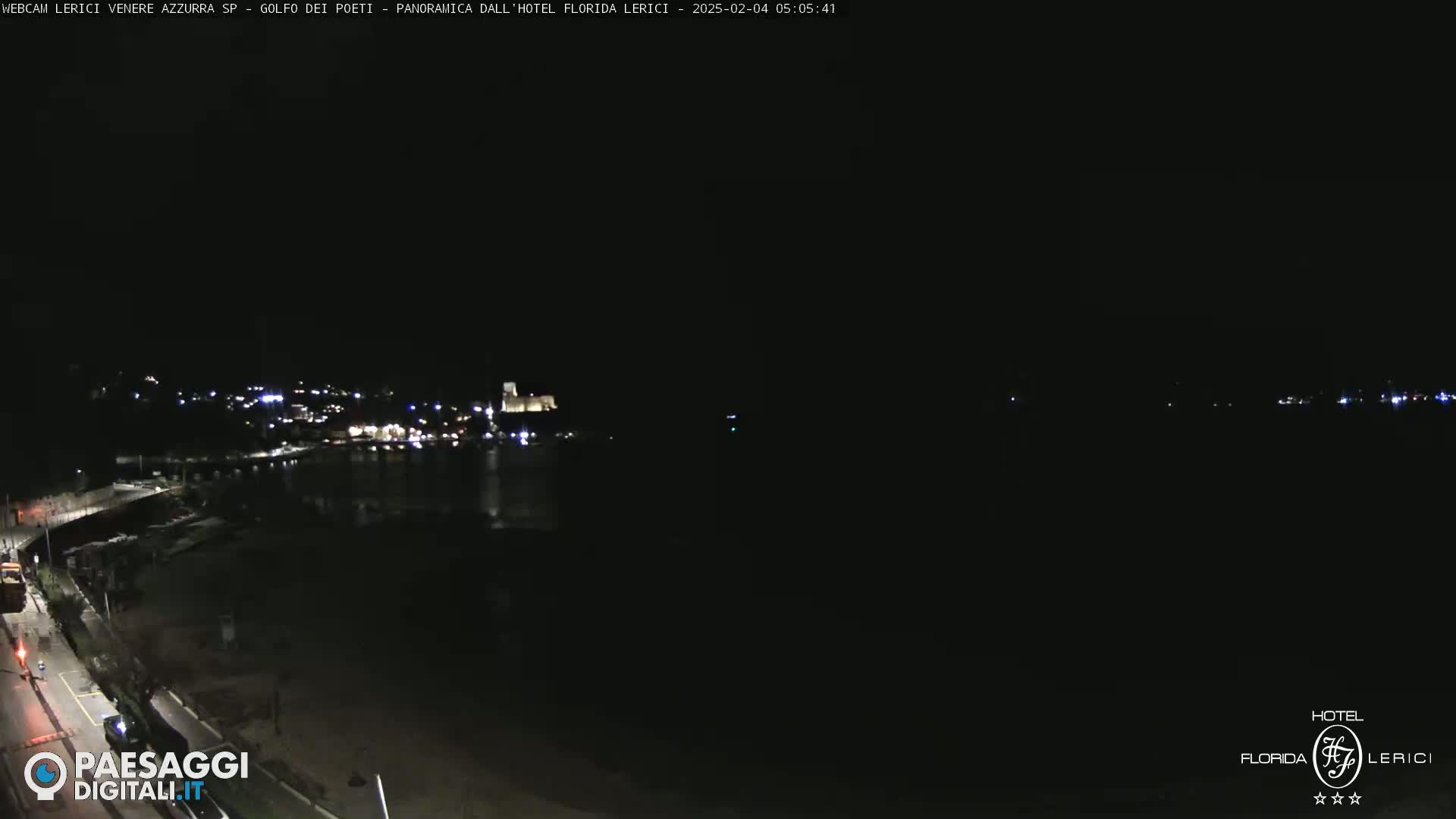 A nighttime, long-range view of a dark coastline with faintly visible lights from a town in the distance.