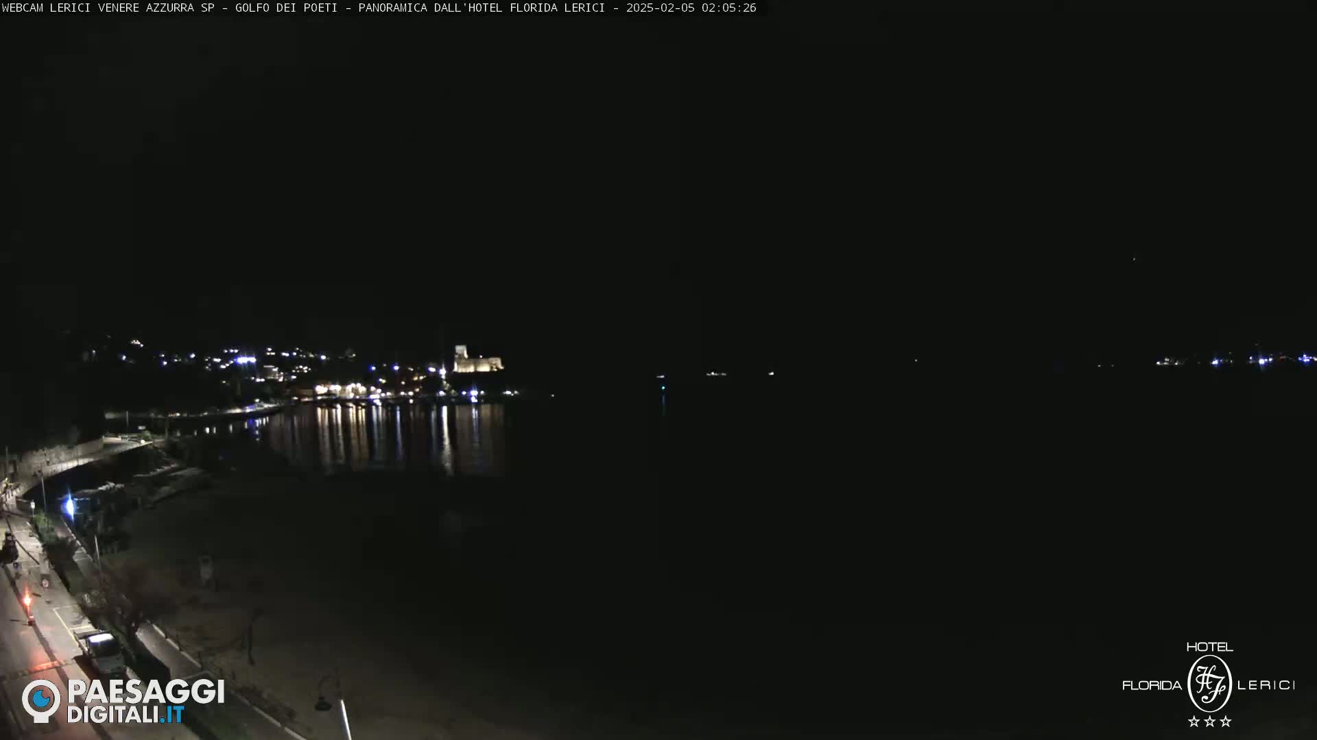 A nighttime view of a dark, calm body of water reflecting the lights of a town on the opposite shore.