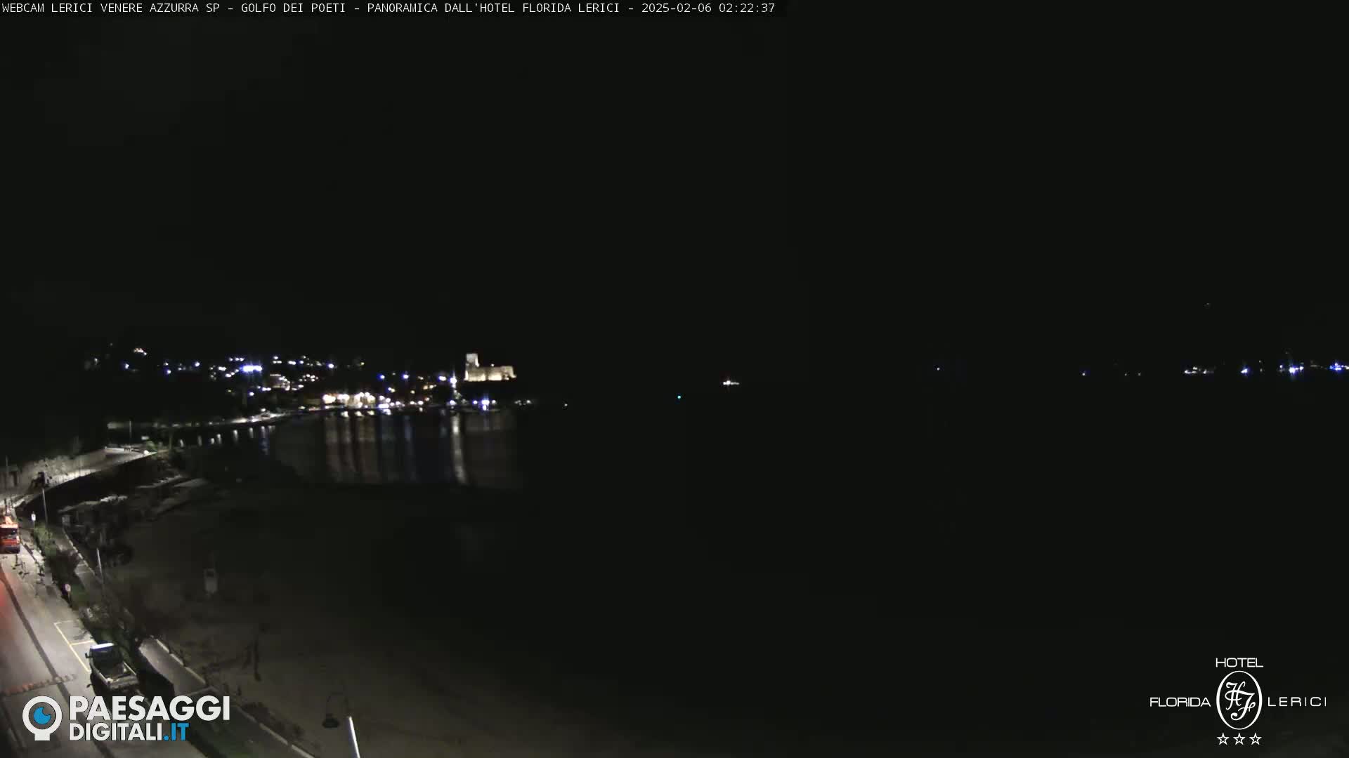 A nighttime long shot of a dark, calm body of water with a dimly lit town and shoreline visible in the distance.