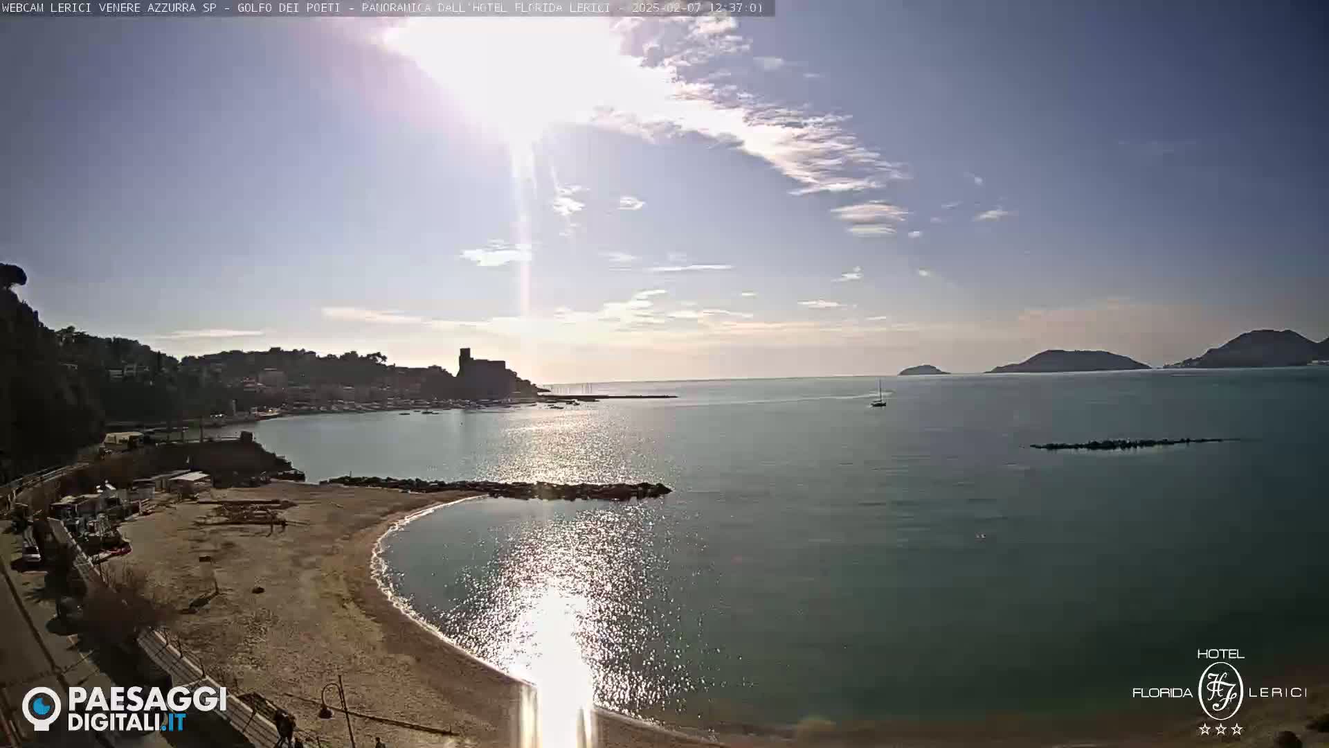 A sunny day shows a sandy beach curving into a calm bay, with a town and castle on a hillside in the distance, under a mostly clear sky.