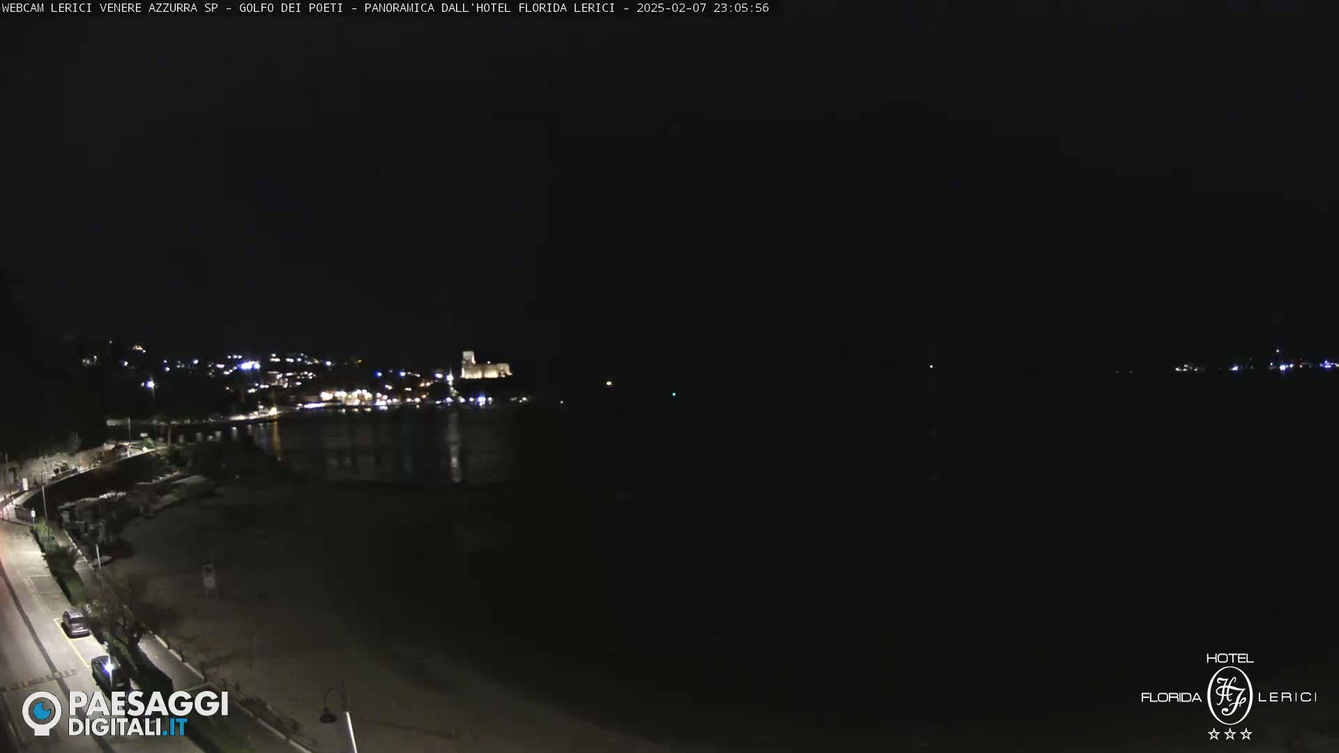 A dark nighttime view of a coastal town with a body of water and a beach, illuminated by scattered lights.