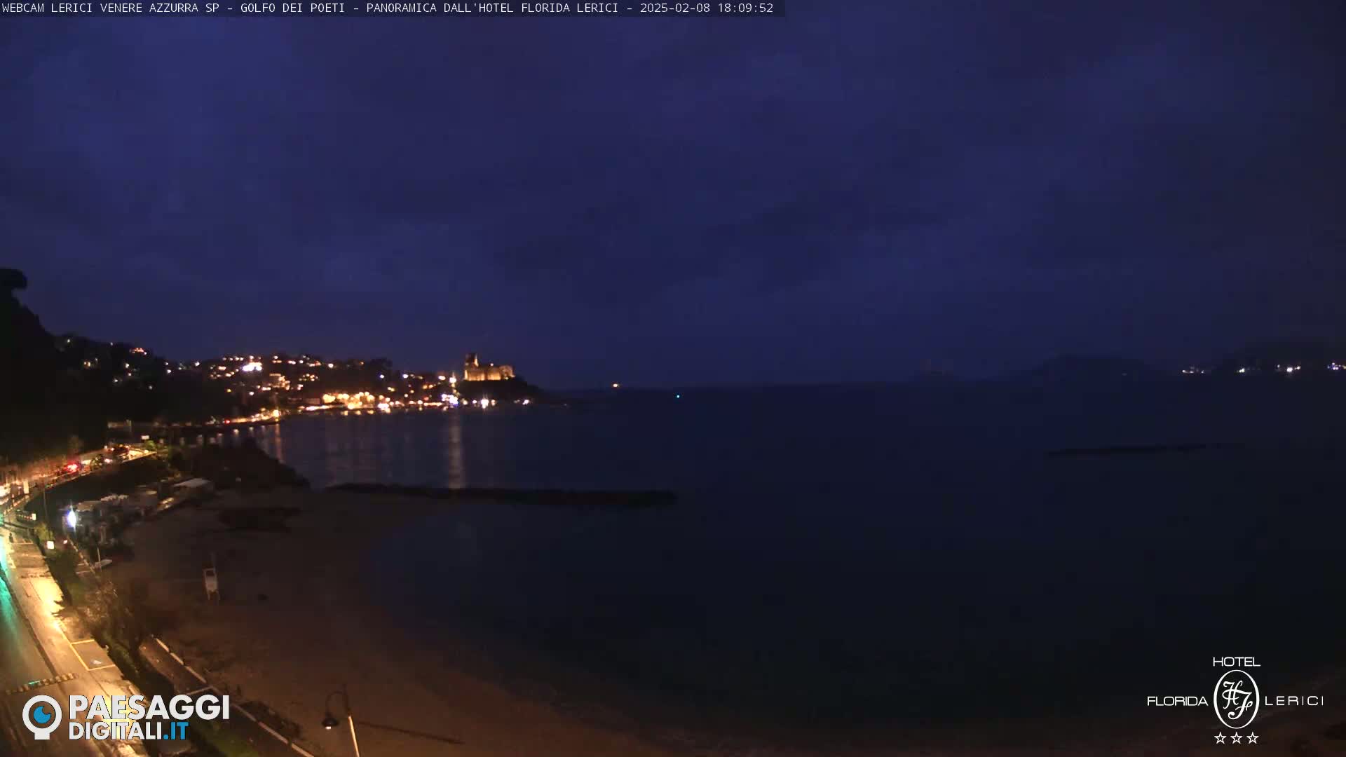 A nighttime view of a dark, calm ocean with a town's lights illuminating the shoreline and a castle visible in the distance.