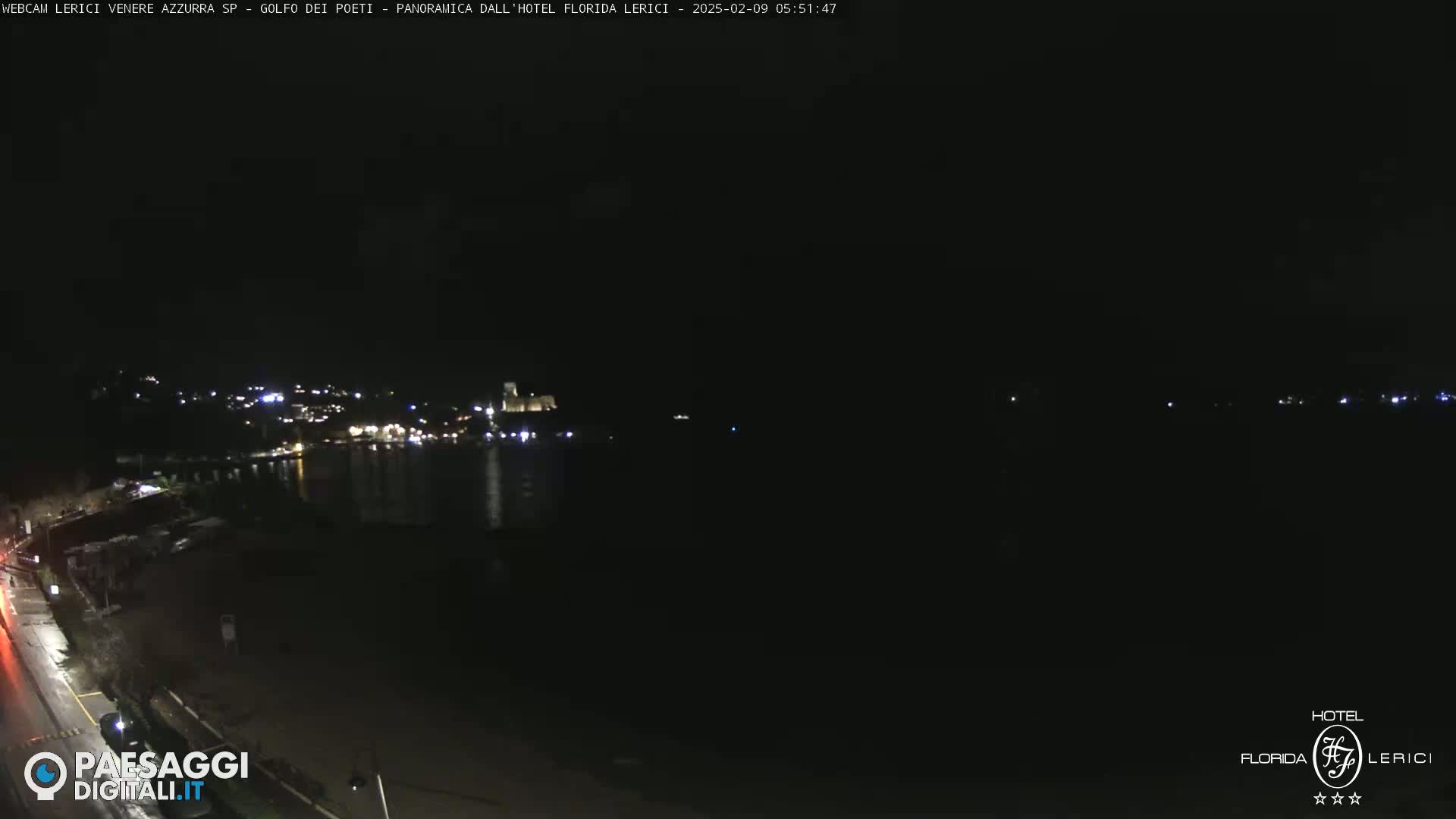 A nighttime view of a dark, calm body of water with a dimly lit town visible across the water.