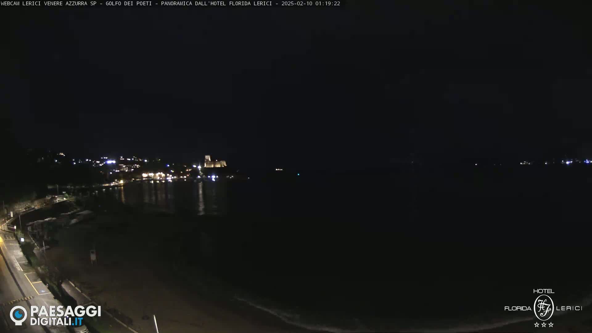 A nighttime, coastal view shows a dark body of water reflecting a few distant lights from a town, with a dark shoreline and beach in the foreground.