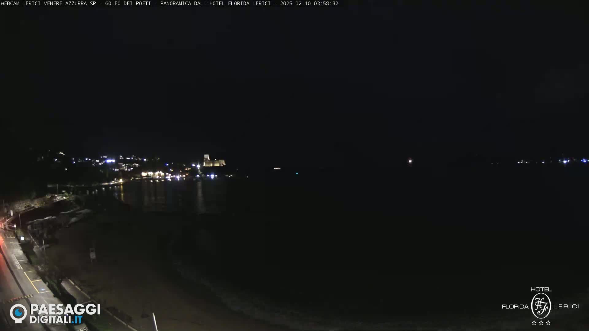 A nighttime coastal scene shows a dark body of water with a faintly lit town in the distance under a clear, dark sky.