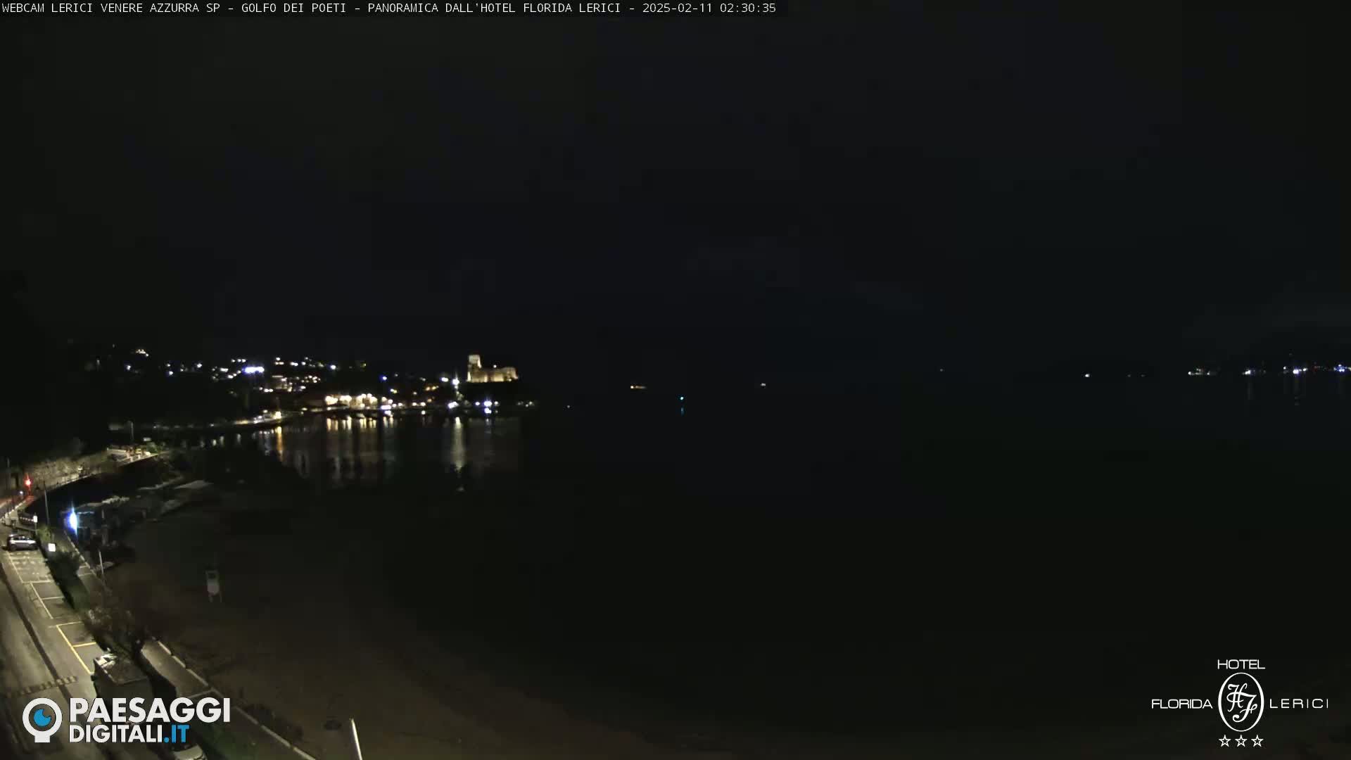 A nighttime view of a dark coastline with a few illuminated buildings across a calm body of water.