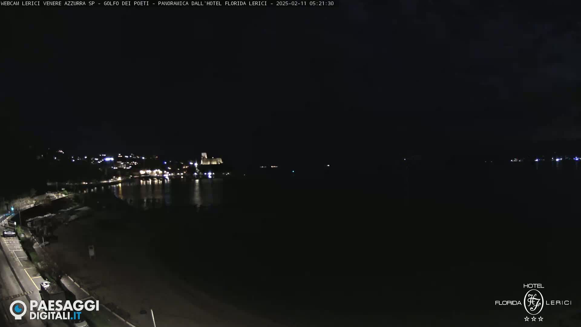 A nighttime, dark view of a calm body of water reflecting a dimly lit town across the water.